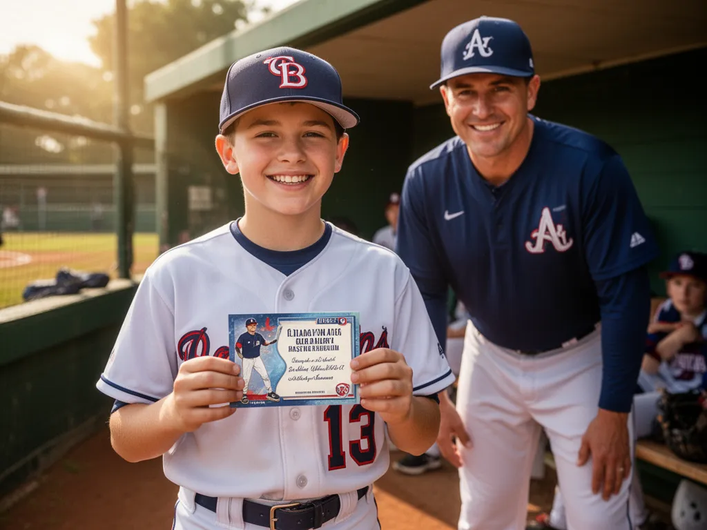 Young athlete proudly displaying personalized baseball card with coach nearby