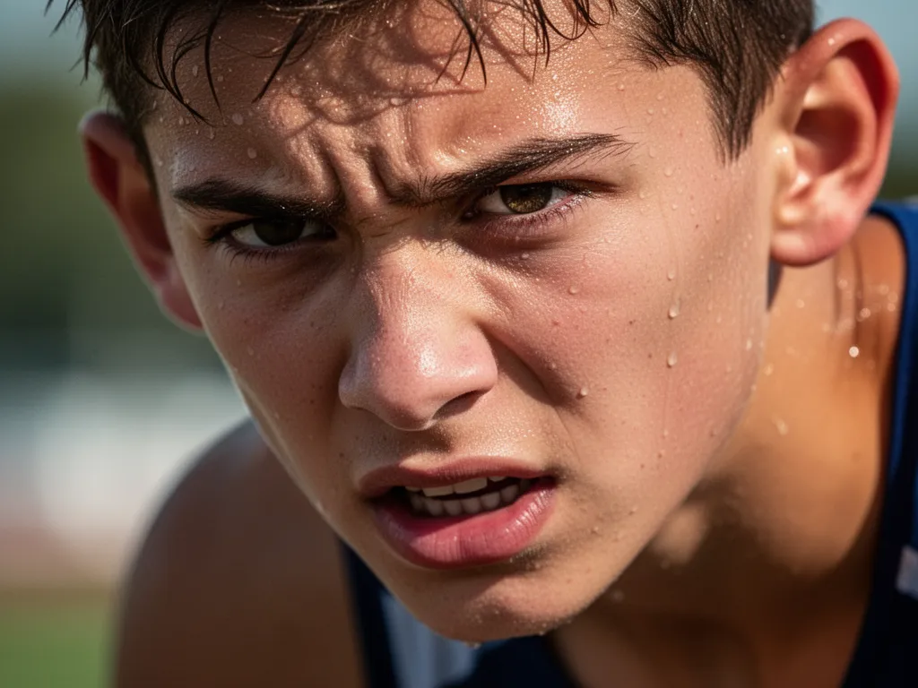 Close-up portrait of determined young athlete showing concentration and intensity during competitive sports moment