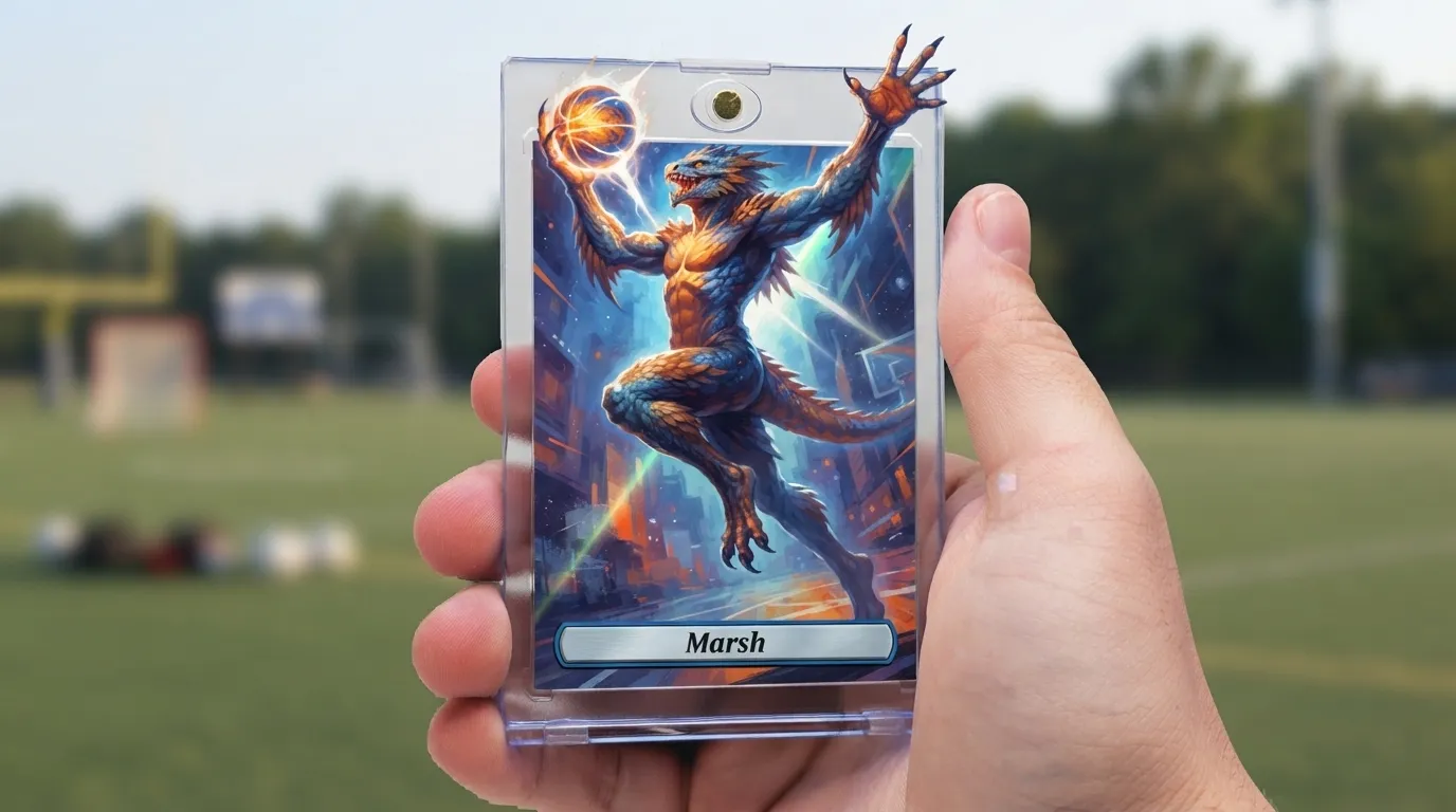 Hand holding magnetic case with make pokemon card featuring a leaping athlete in chrome foil finish.