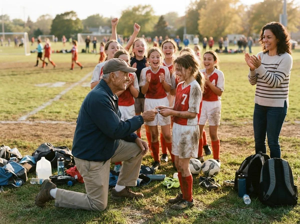 Coach and young athlete share a proud emotional moment as teammates celebrate on the field.