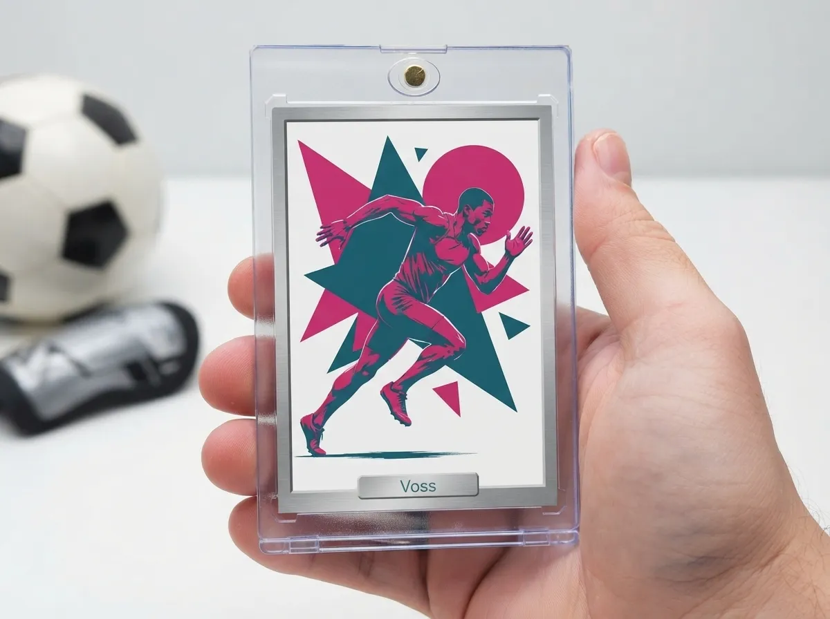 Custom sports trading card in magnetic case showing bold duotone athlete artwork design.