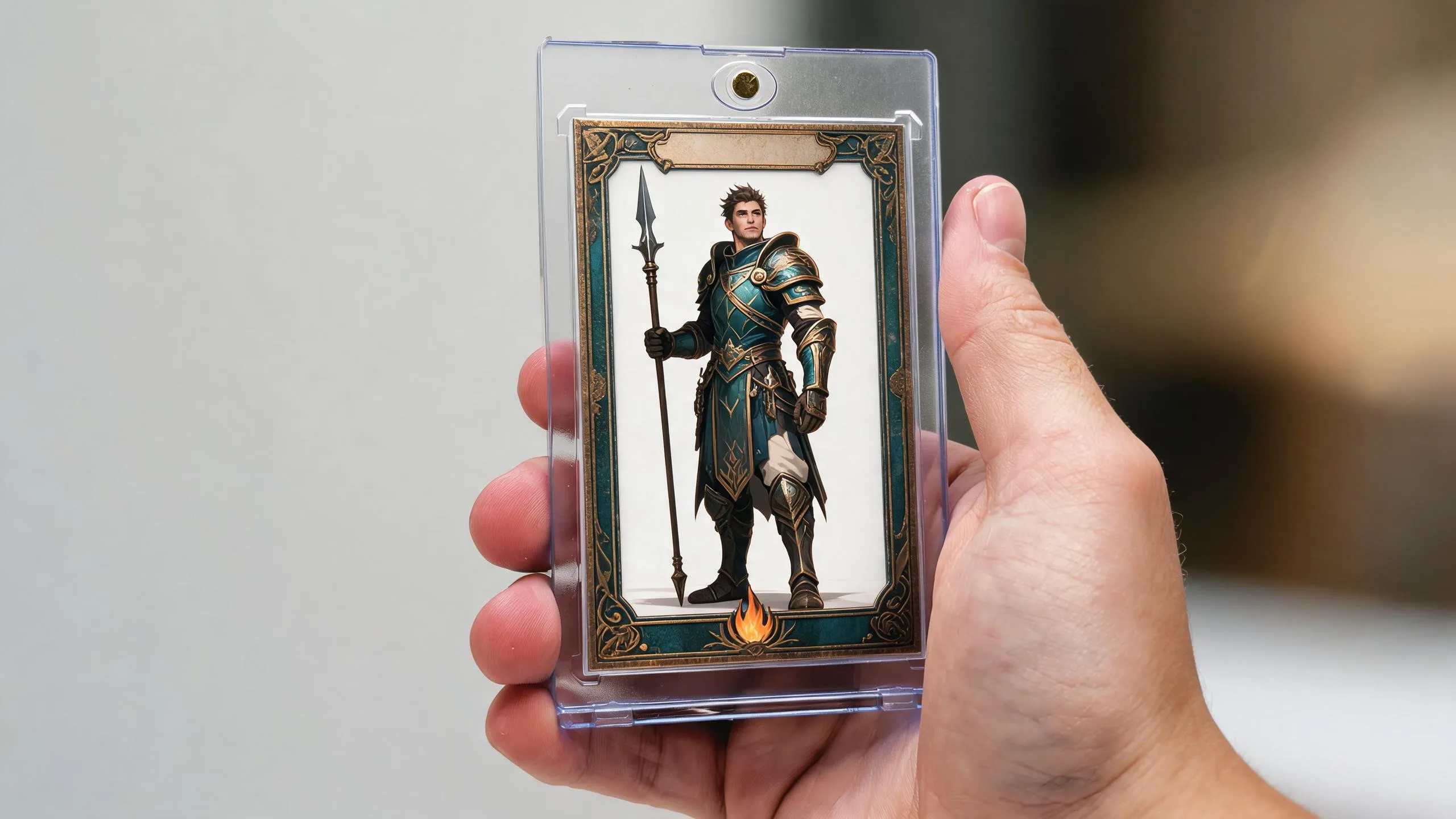 Hand holding a magnetic case with an illustrated make pokemon cards style trading card inside.