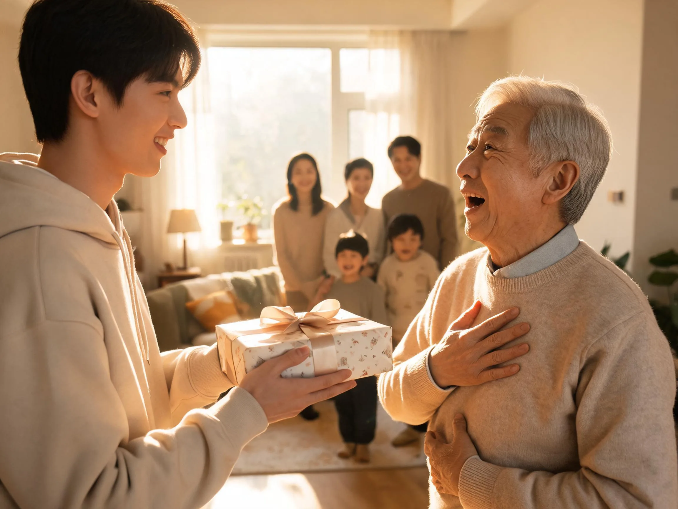 Grandfather reacting with joyful surprise as a teenager hands him an unexpected gift.