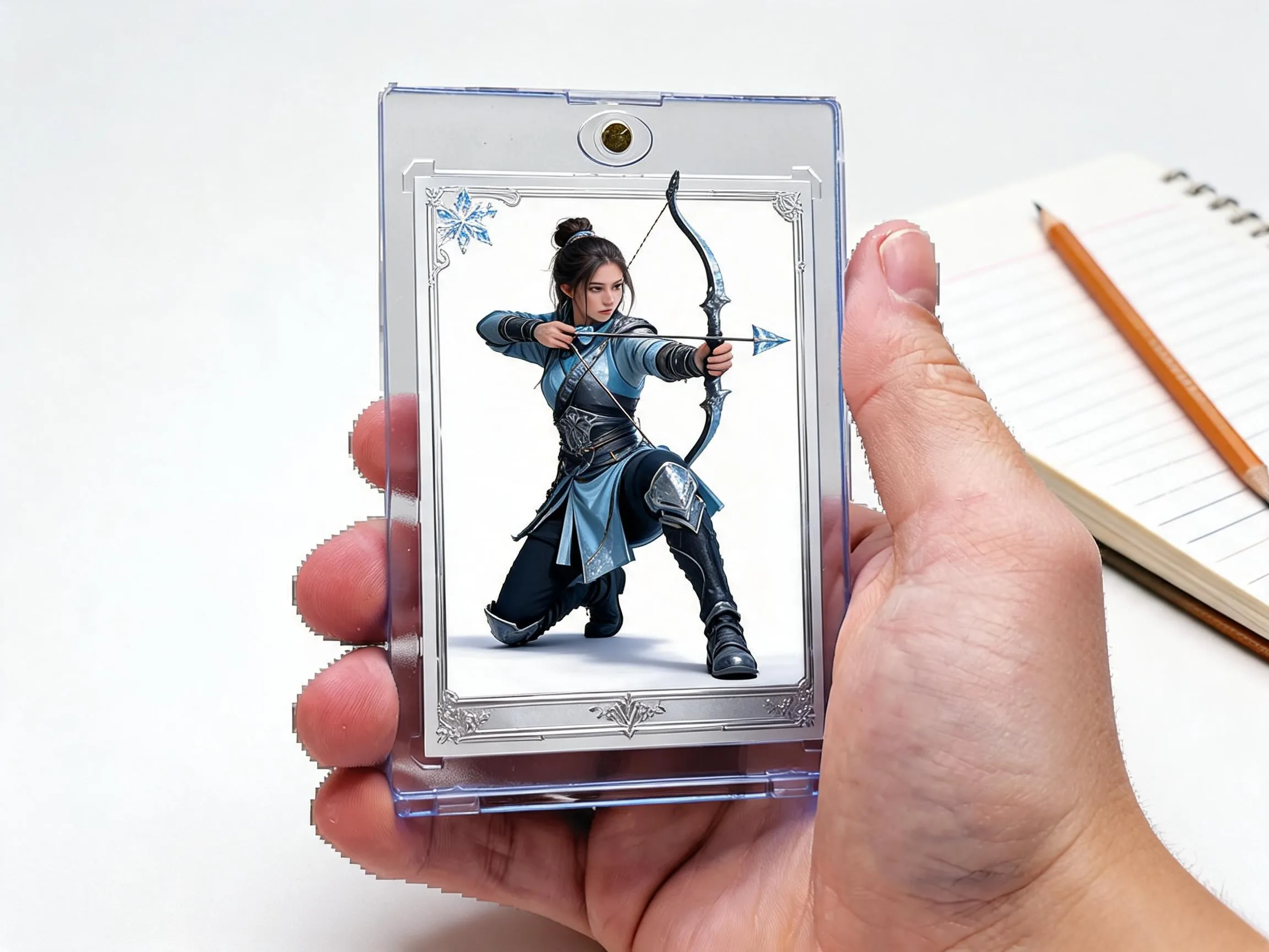 Custom keepsake trading card in a clear magnetic case standing on a white tabletop.