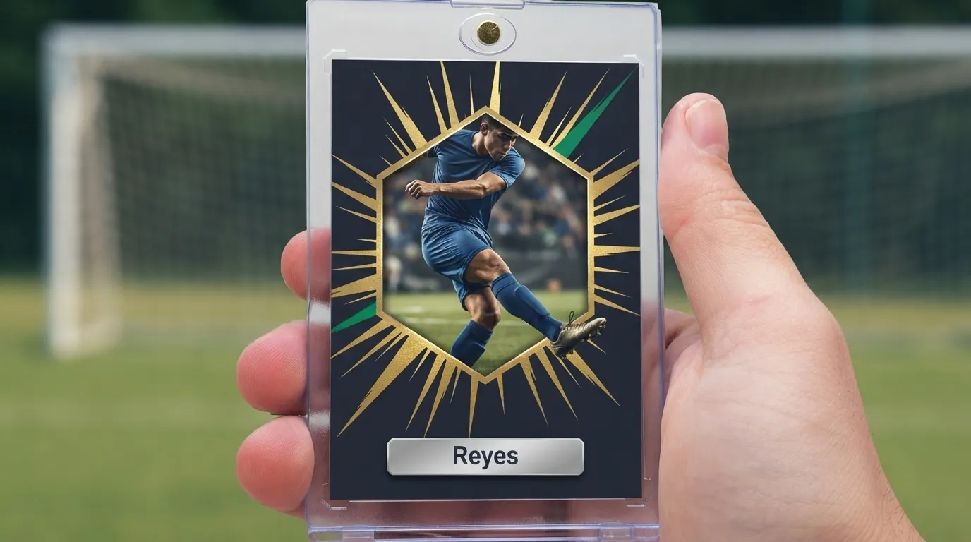Hand holding magnetic case with make soccer cards design, gold foil burst framing a striking player.