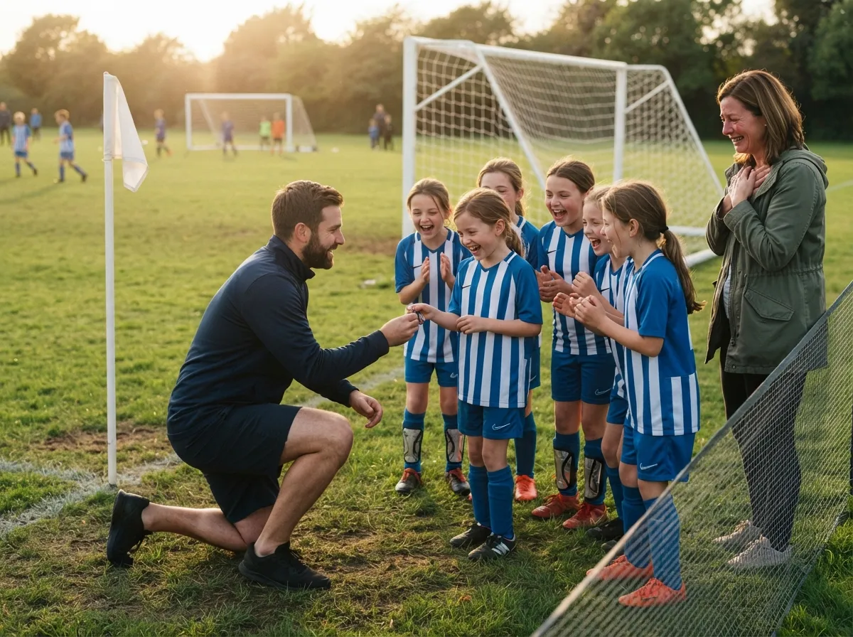 Coach and cheering teammates celebrate with joyful young soccer player near the goal.