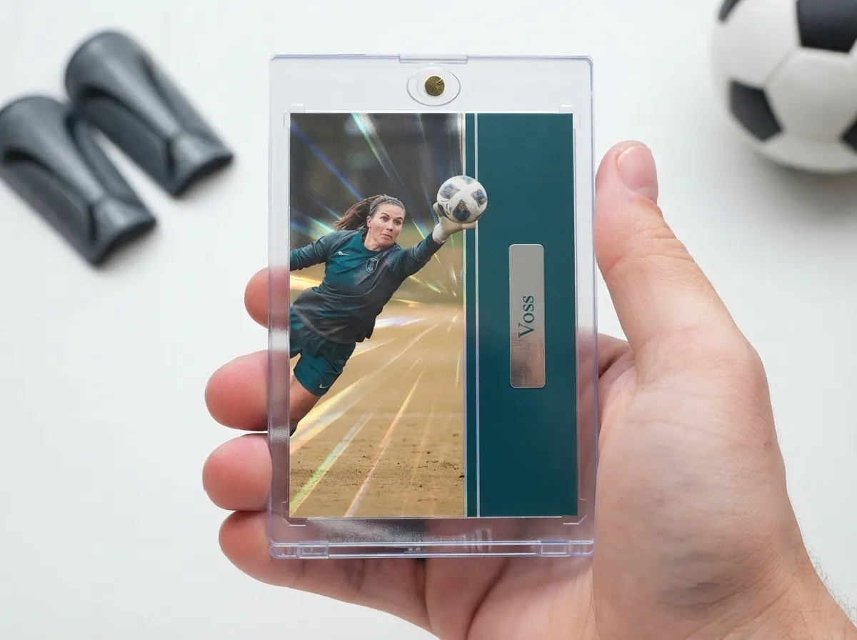 Custom soccer trading card in magnetic case showing diving goalkeeper split-panel design.