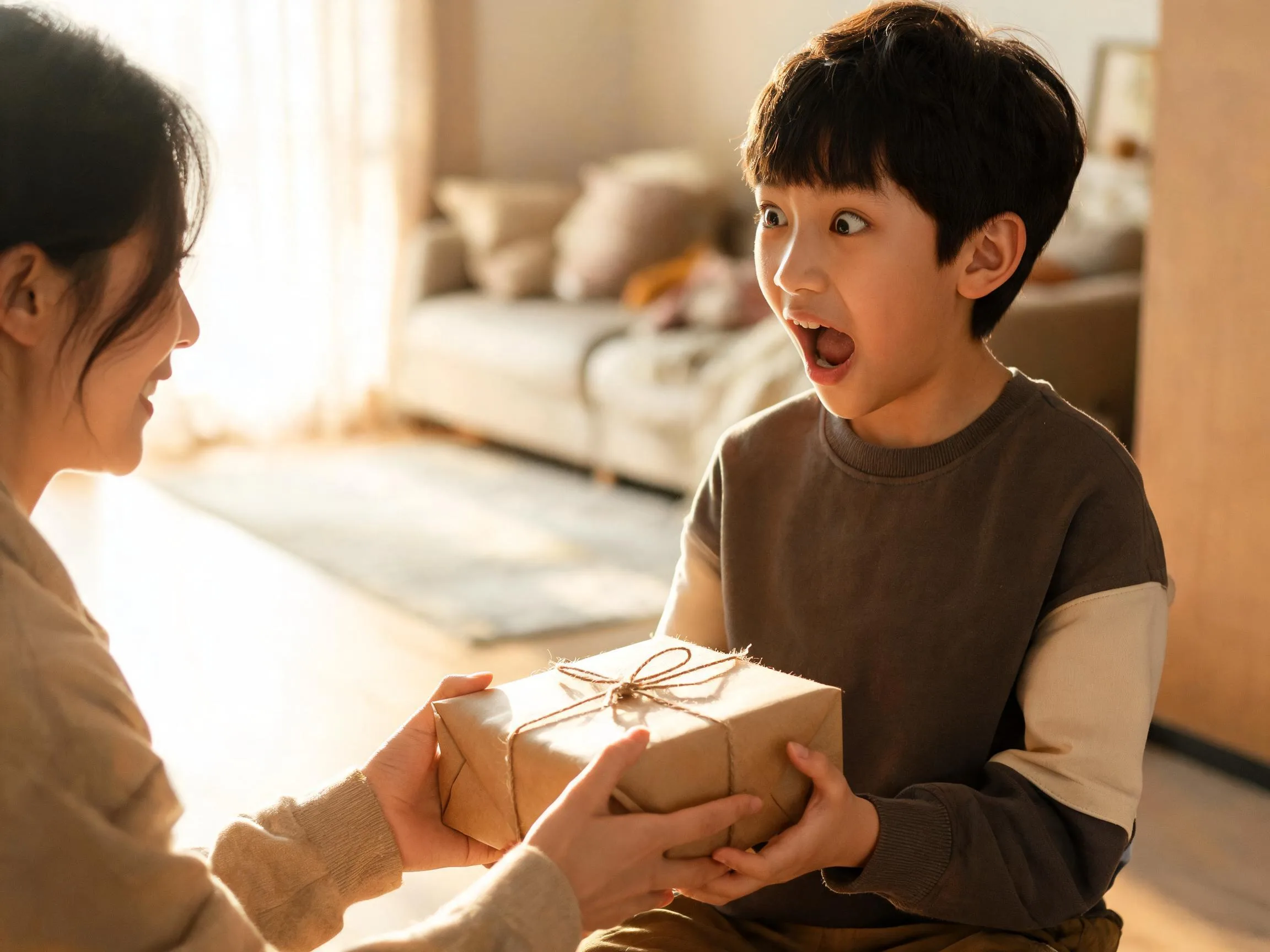 Child gasping in surprise while unexpectedly handed a wrapped gift at home.