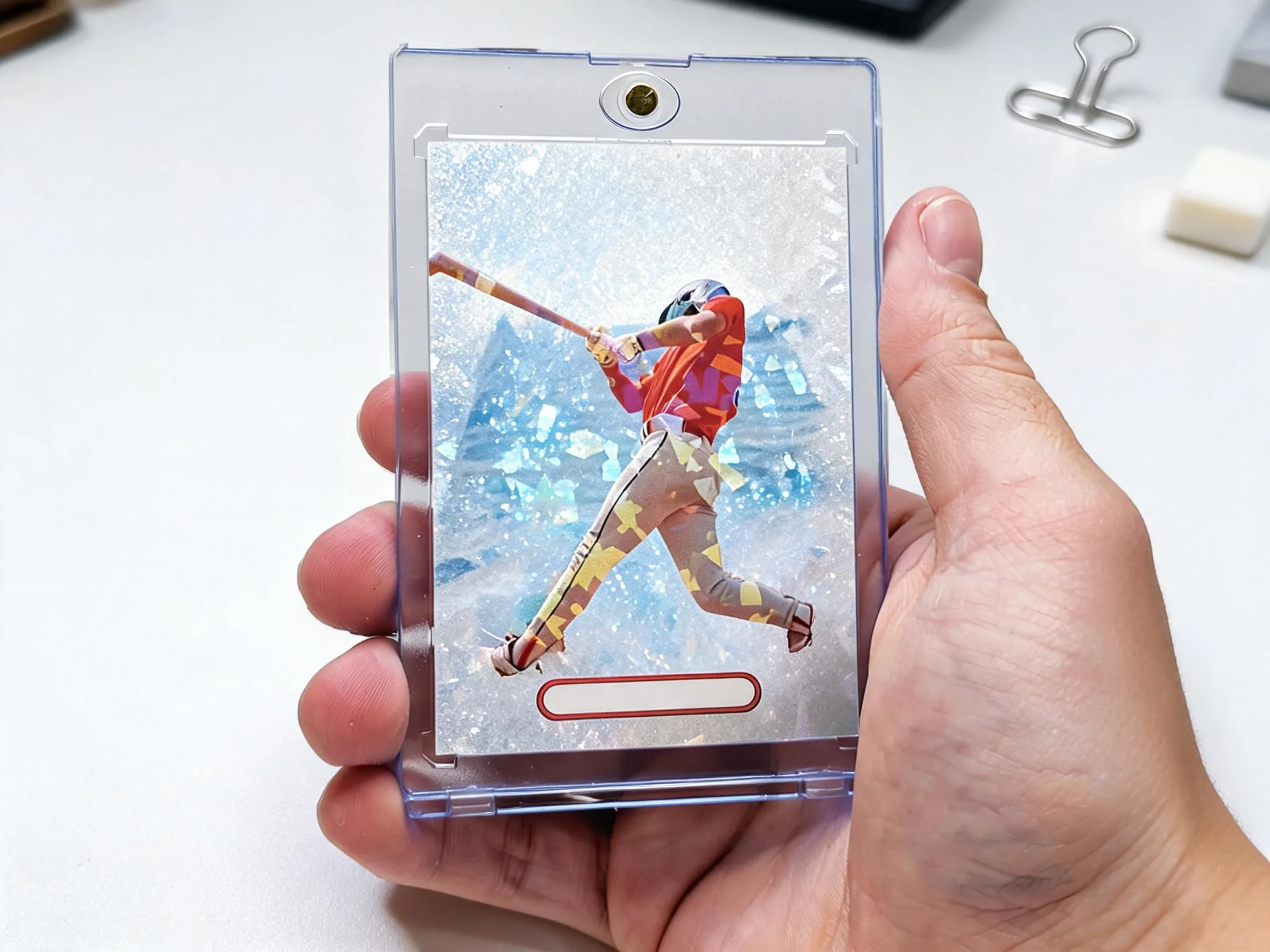 Custom keepsake trading card of a young athlete displayed in a clear magnetic case.