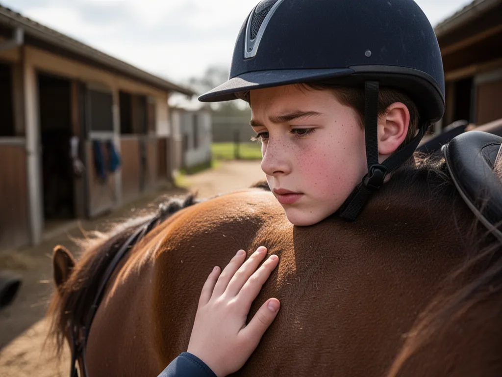 [Young equestrian rider smiling while petting and bonding with horse outdoors]