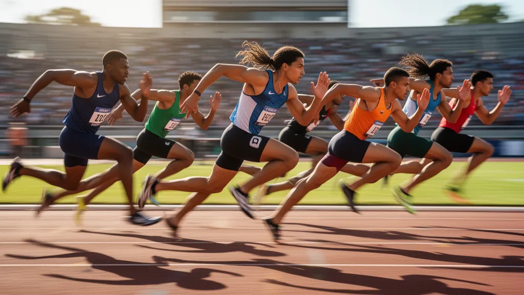 Multiple track athletes sprinting together during an outdoor competitive race with natural sunlight