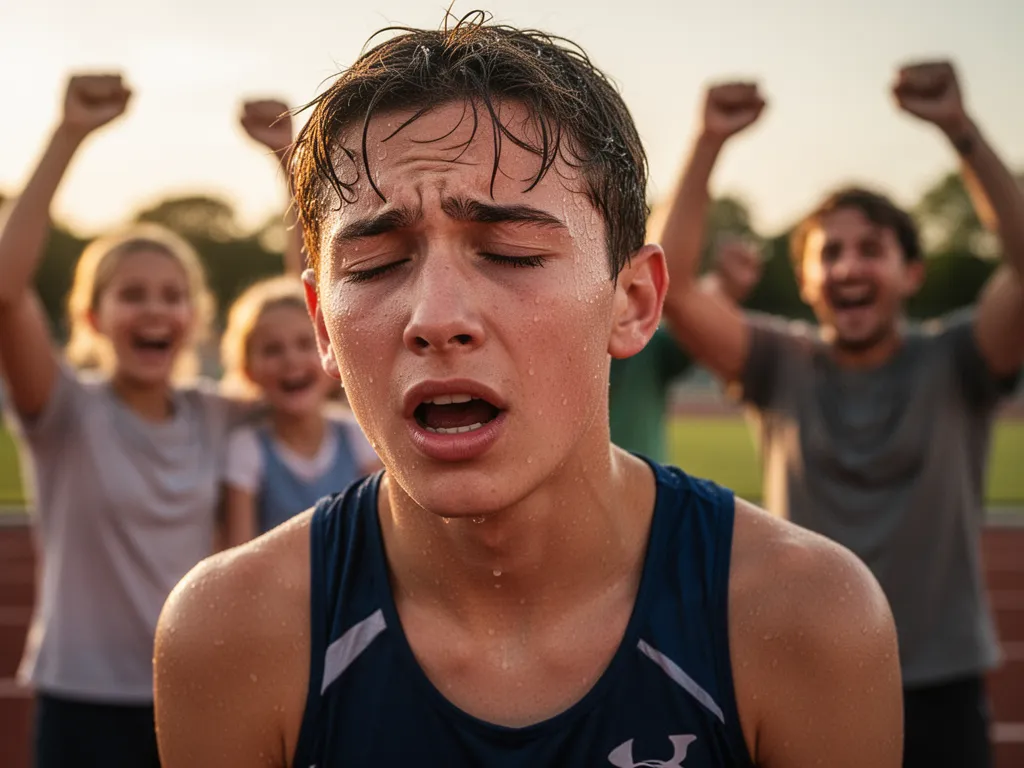Young athlete breathing heavily after competition with proud family members celebrating in soft-focused background