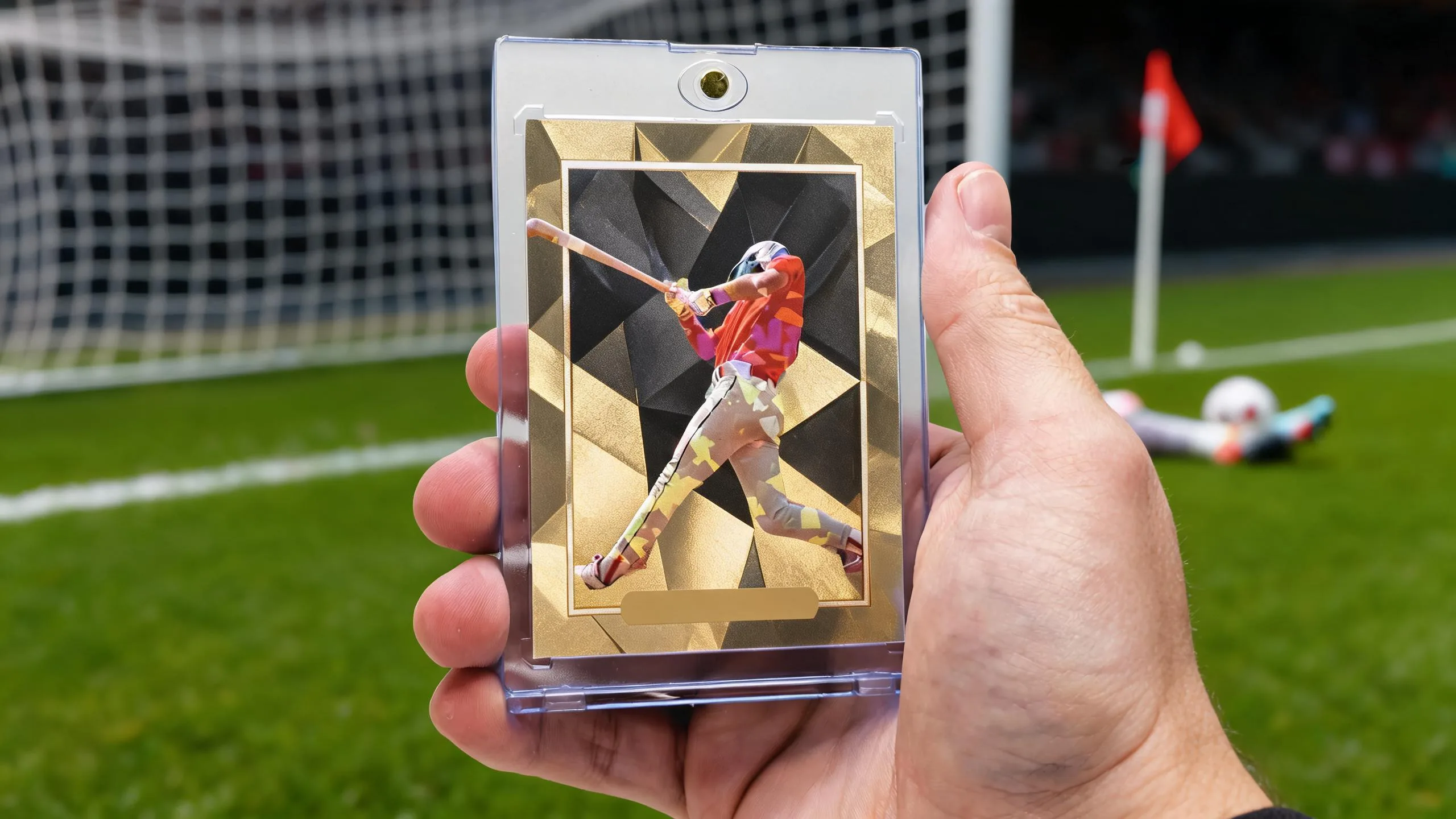 Hand holding a magnetic case with a custom gold soccer trading card — make your FIFA card.