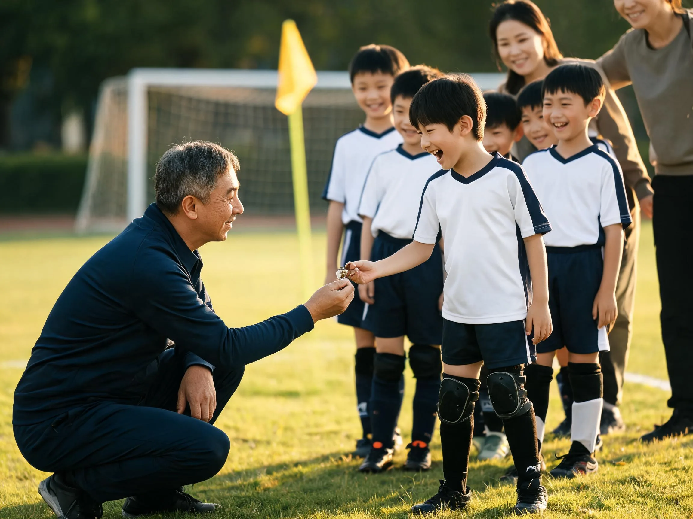 Coach and young soccer player share a proud, joyful moment on the field.