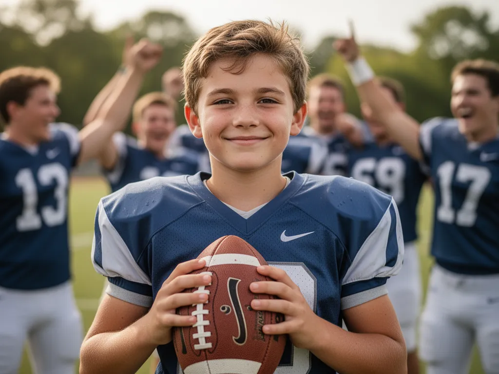 [Young athlete smiling while holding football with teammates celebrating in background]