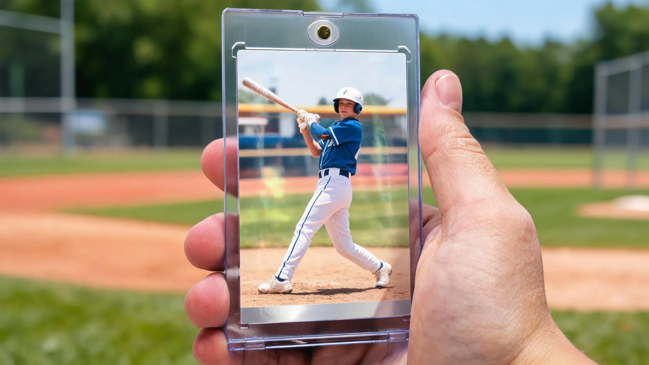 Hand holding a magnetic case with a custom make your own baseball card for kids design.