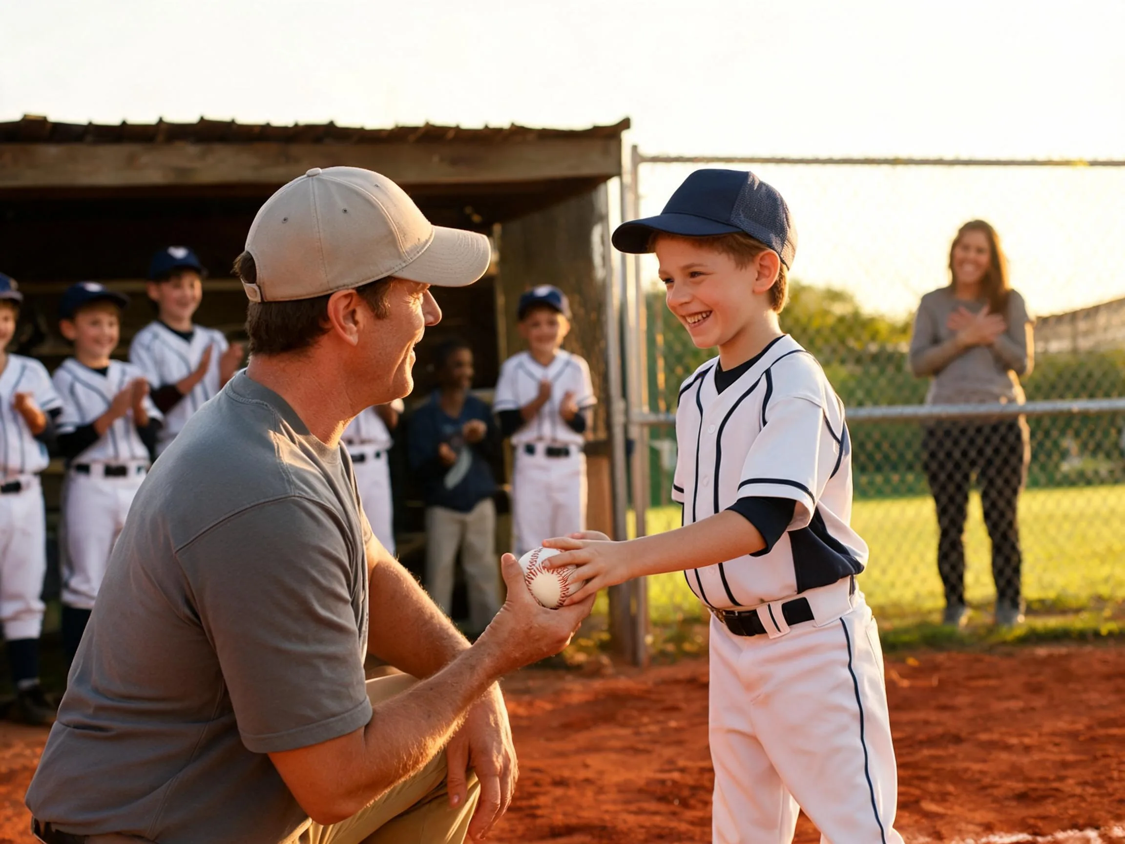 Coach and teammates celebrate with a joyful young baseball player near the dugout.