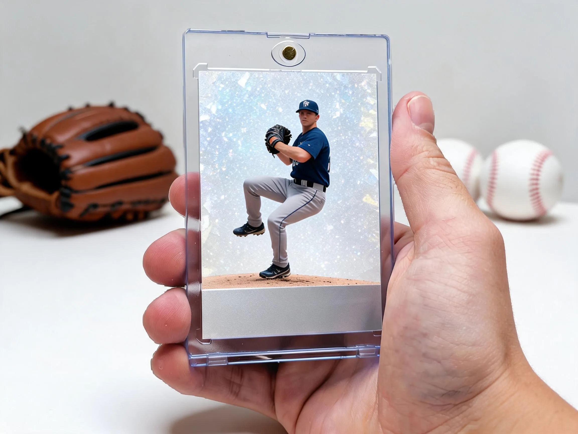 Custom baseball trading card of a young pitcher displayed in a clear magnetic case.