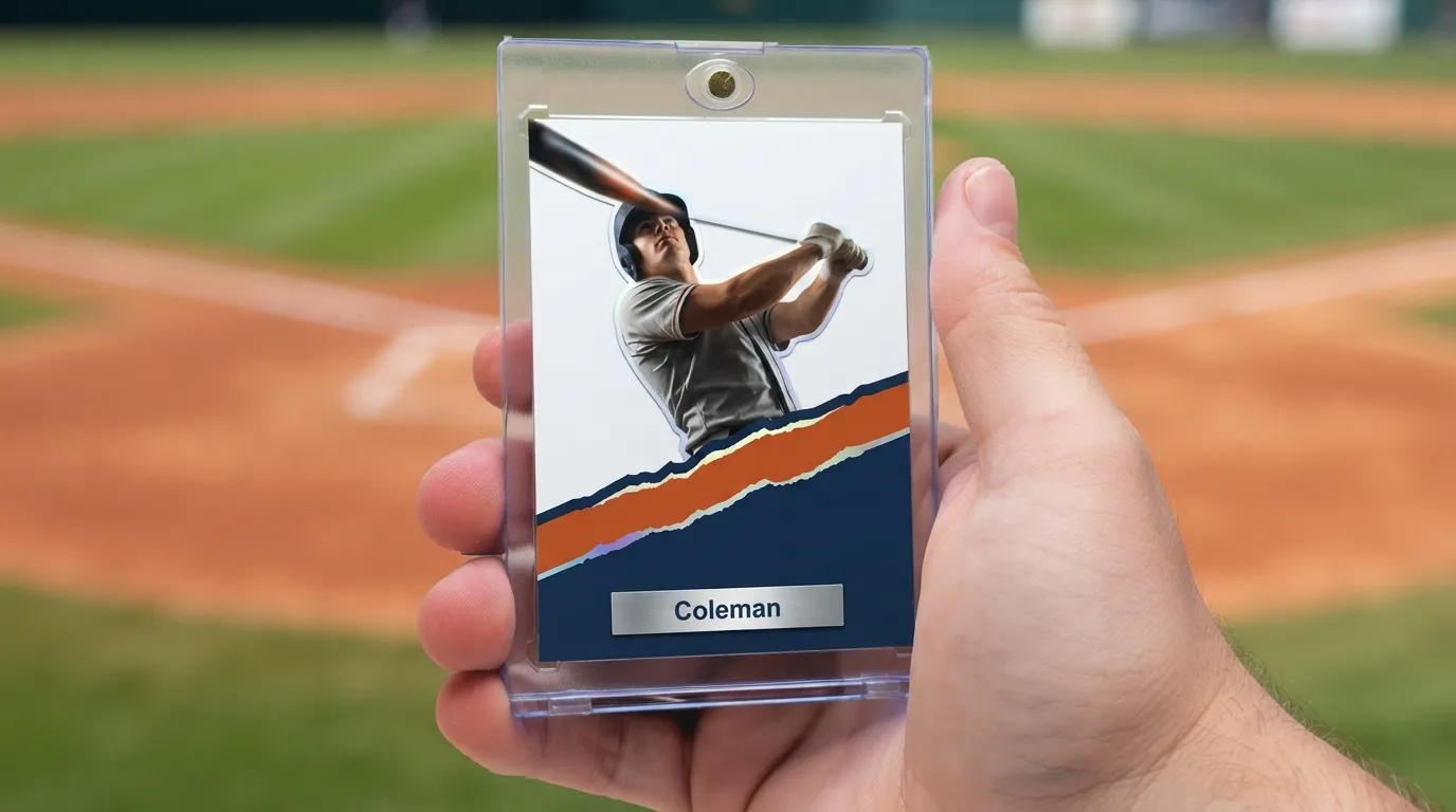 Hand holds magnetic case with make your own baseball card template, batter breaking past diagonal color-block frame.