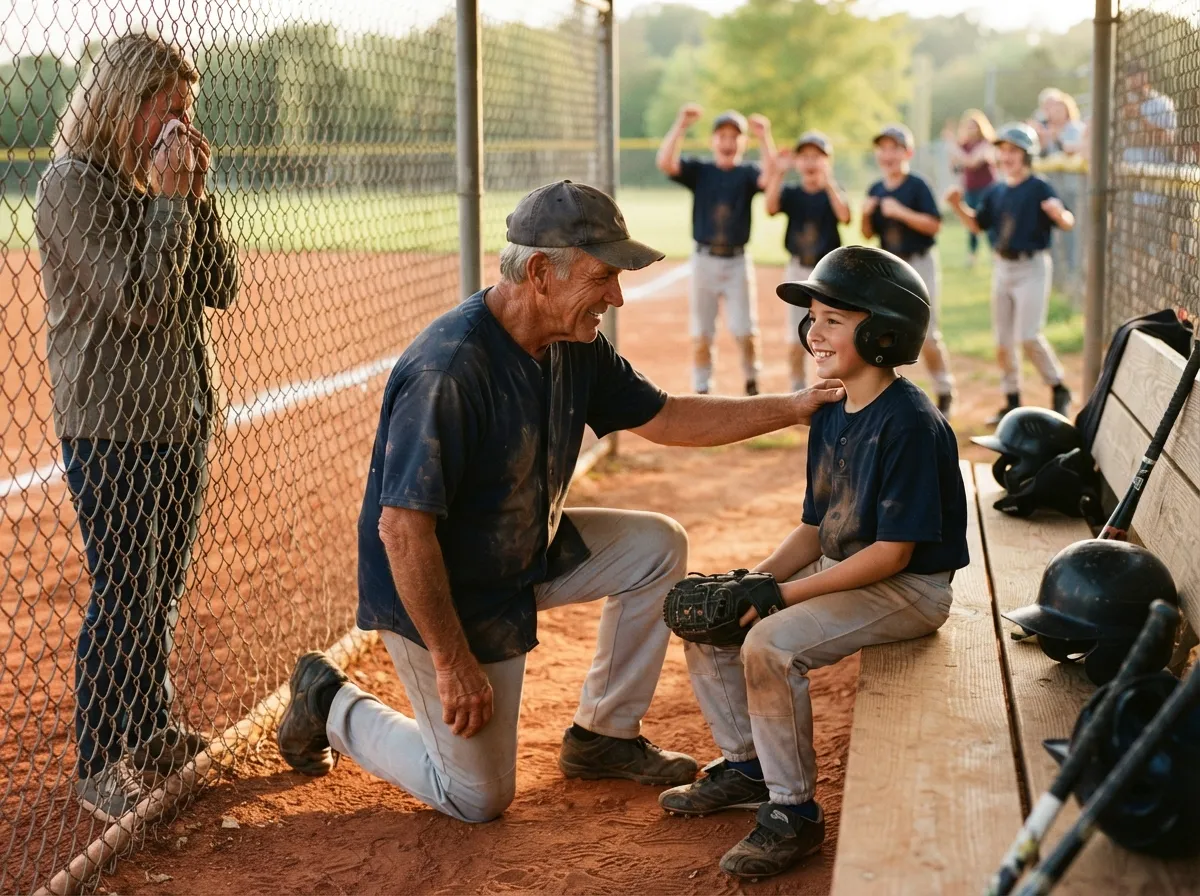 Coach and young baseball player share proud emotional moment in sunlit dugout together.
