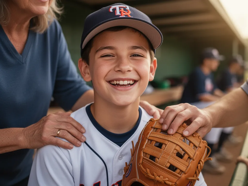 Young player smiling with proud parent's supportive hand on shoulder
