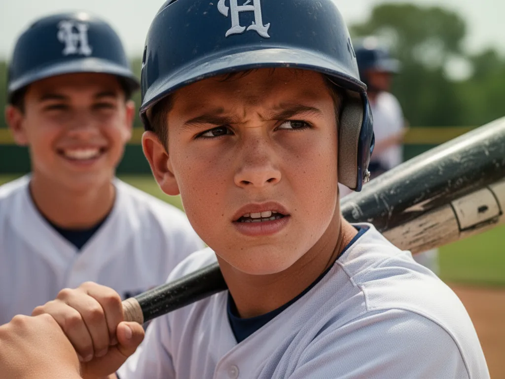 Young baseball player focused expression holding bat with supportive teammate smiling in warm background