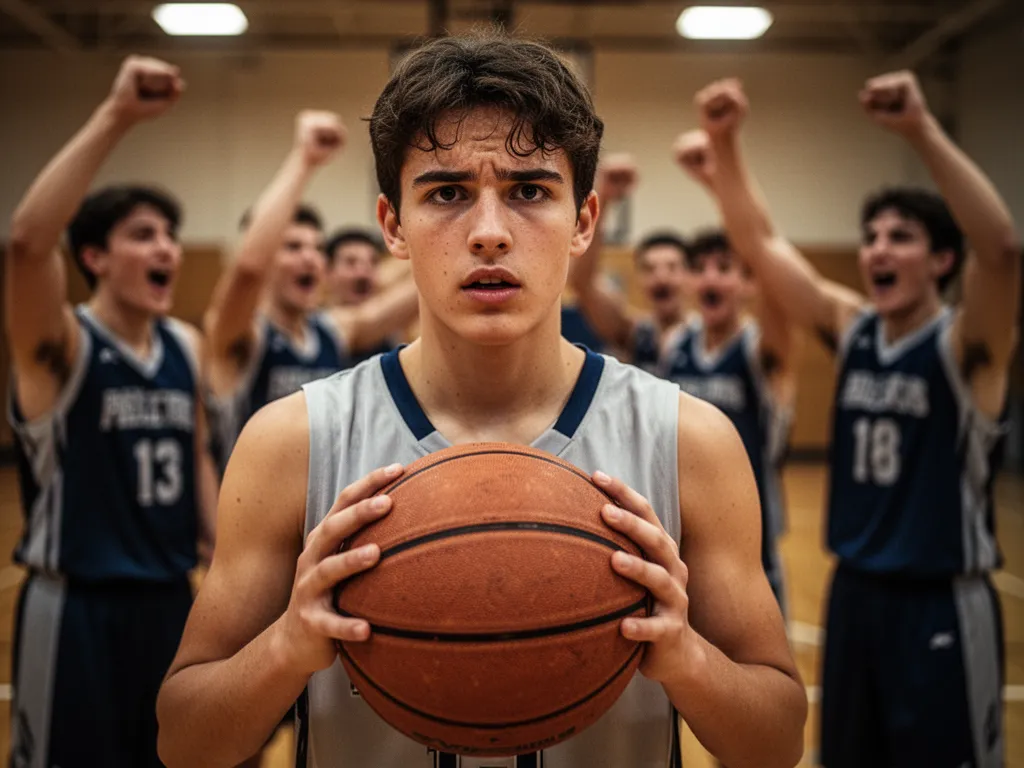 Young basketball player with focused expression holding ball, teammates celebrating blurred behind