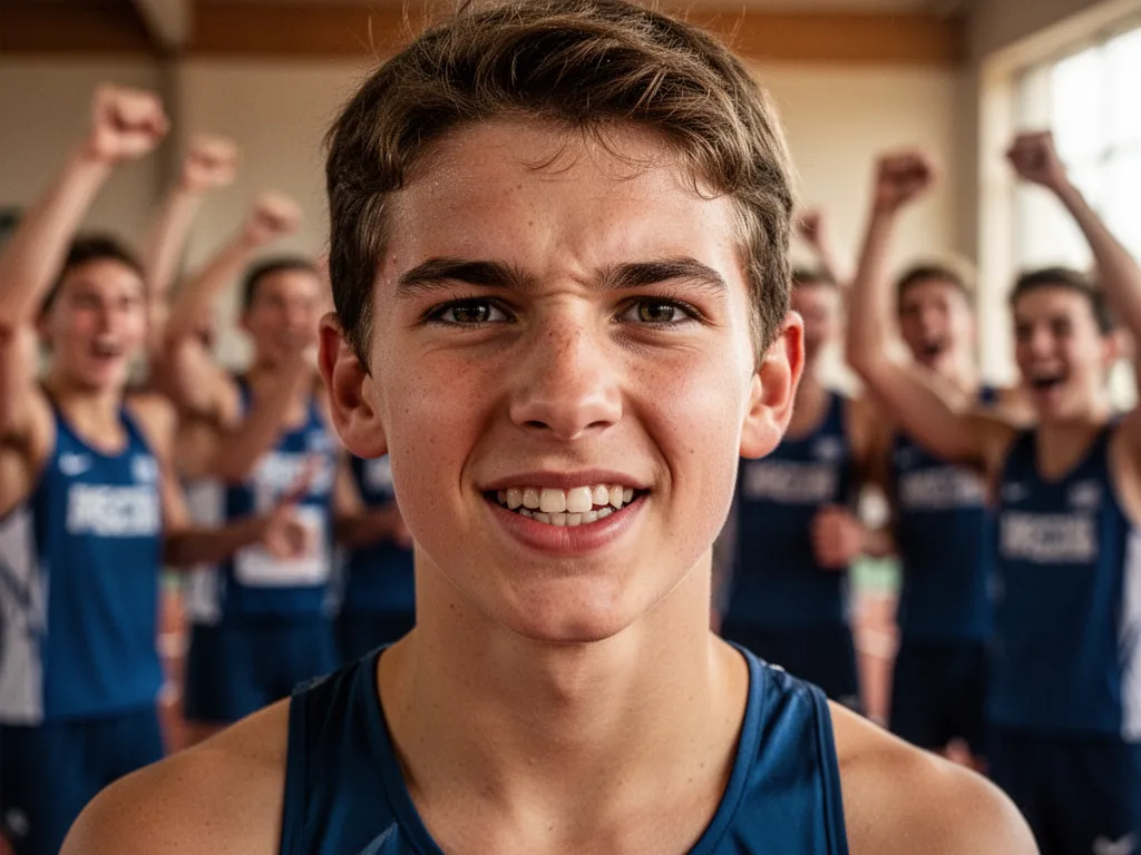 Young athlete's face showing pride and determination with celebrating teammates blurred in the background.