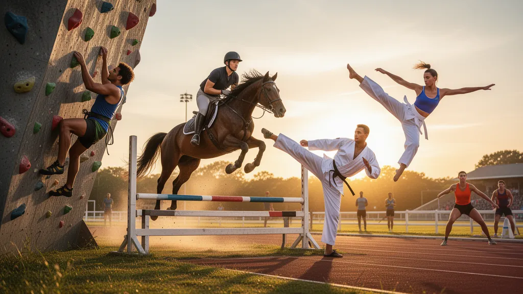 Multiple athletes competing in different sports during golden hour with dynamic motion