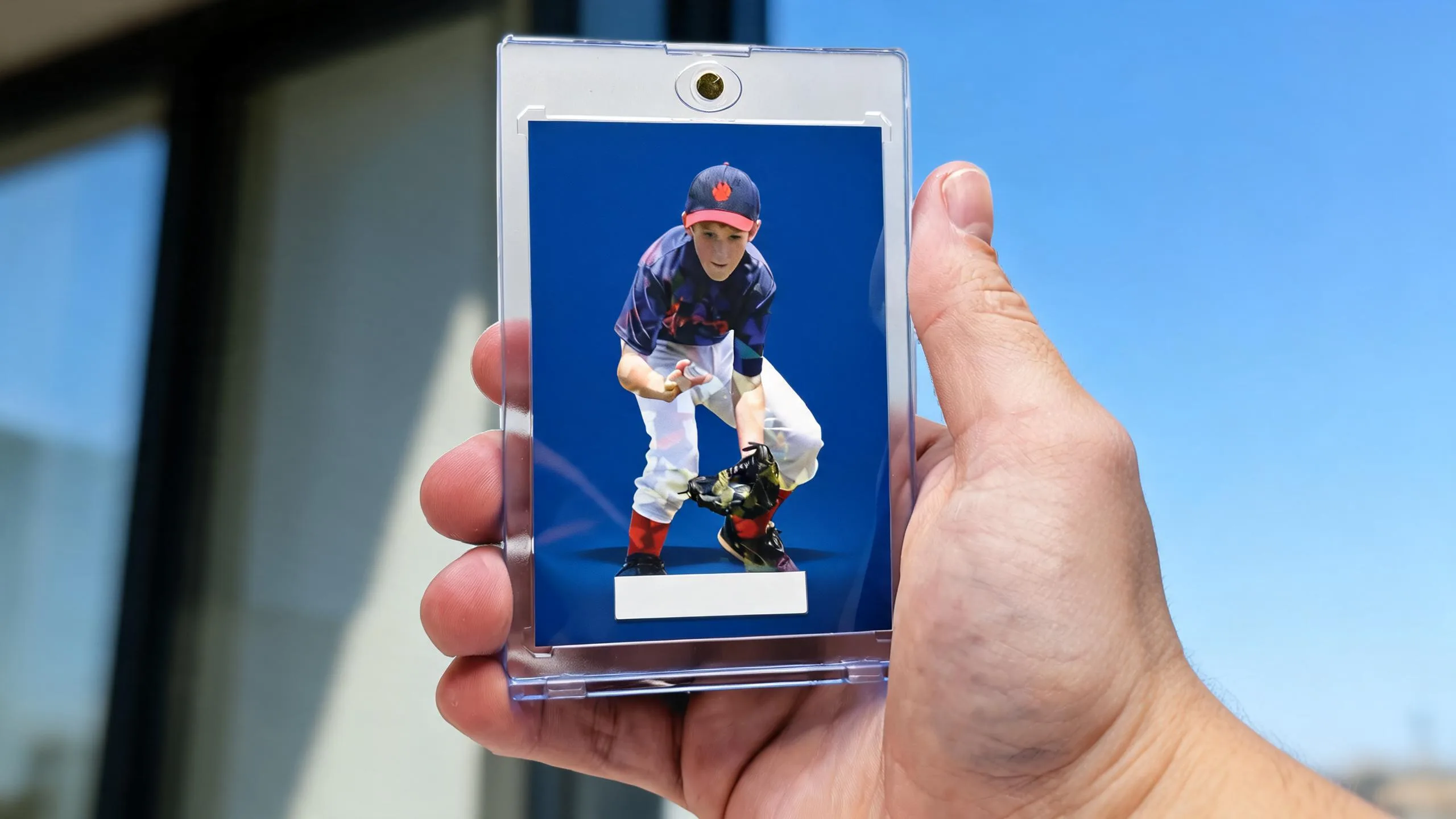 Hand holding a magnetic case with a custom card — make your own deck of cards, editorial design.