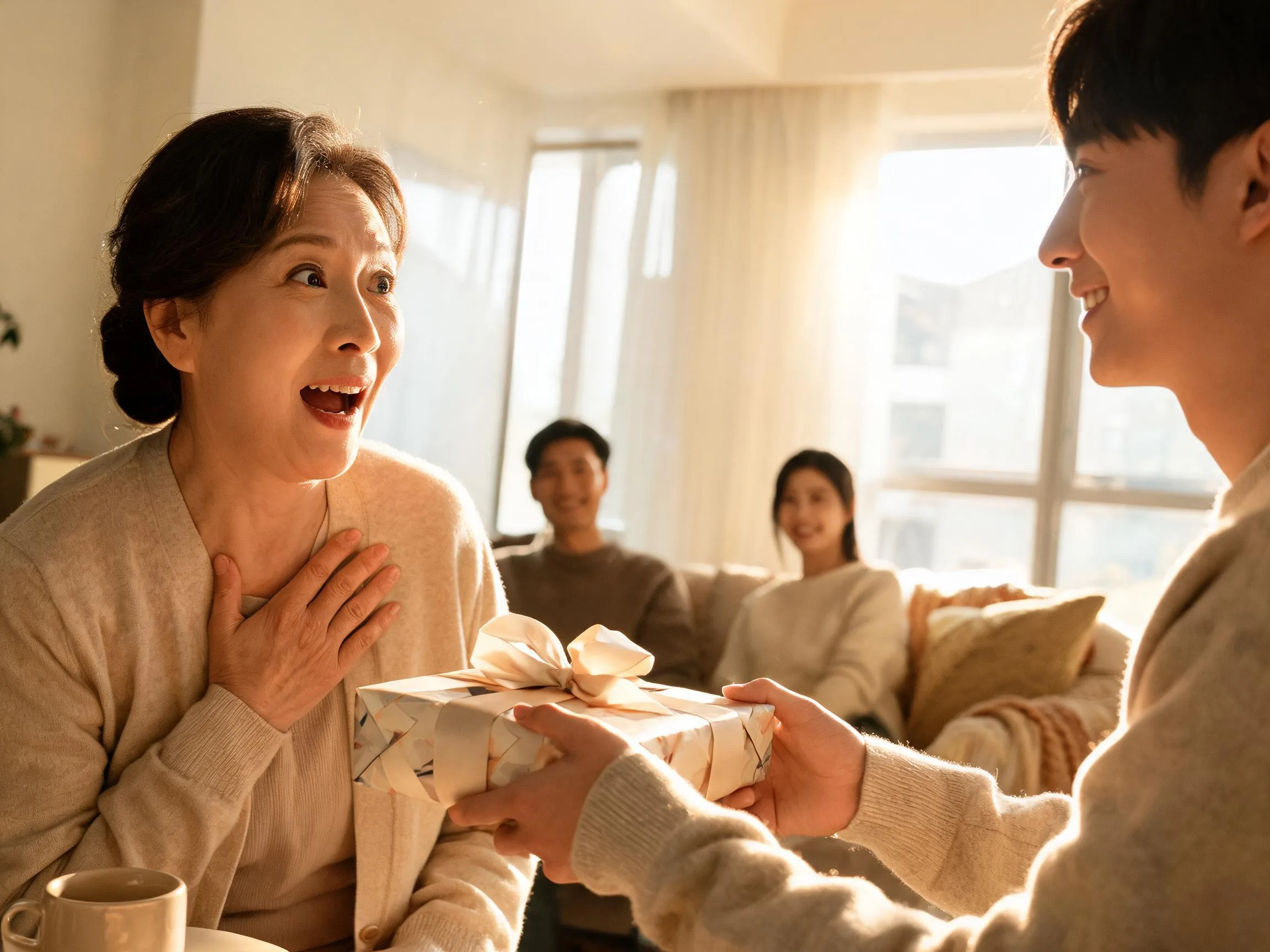 Person reacting with genuine surprise while receiving an unexpected gift indoors.