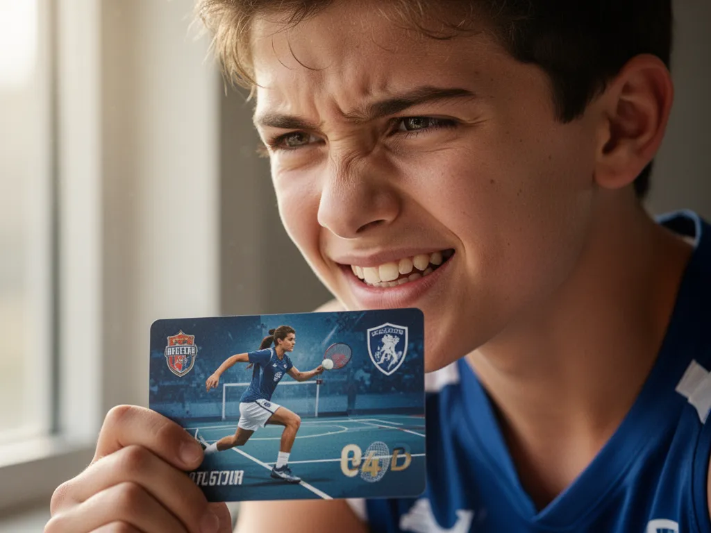 Young athlete displaying pride while holding personalized sport card in natural light