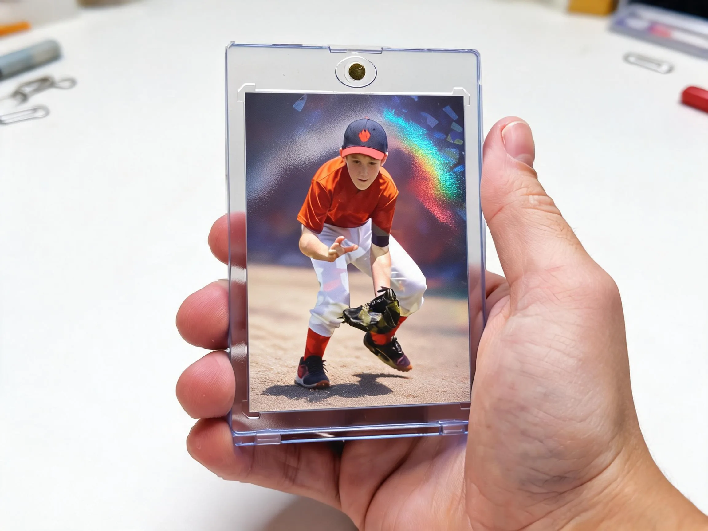Custom keepsake trading card with action photo in a clear magnetic case.