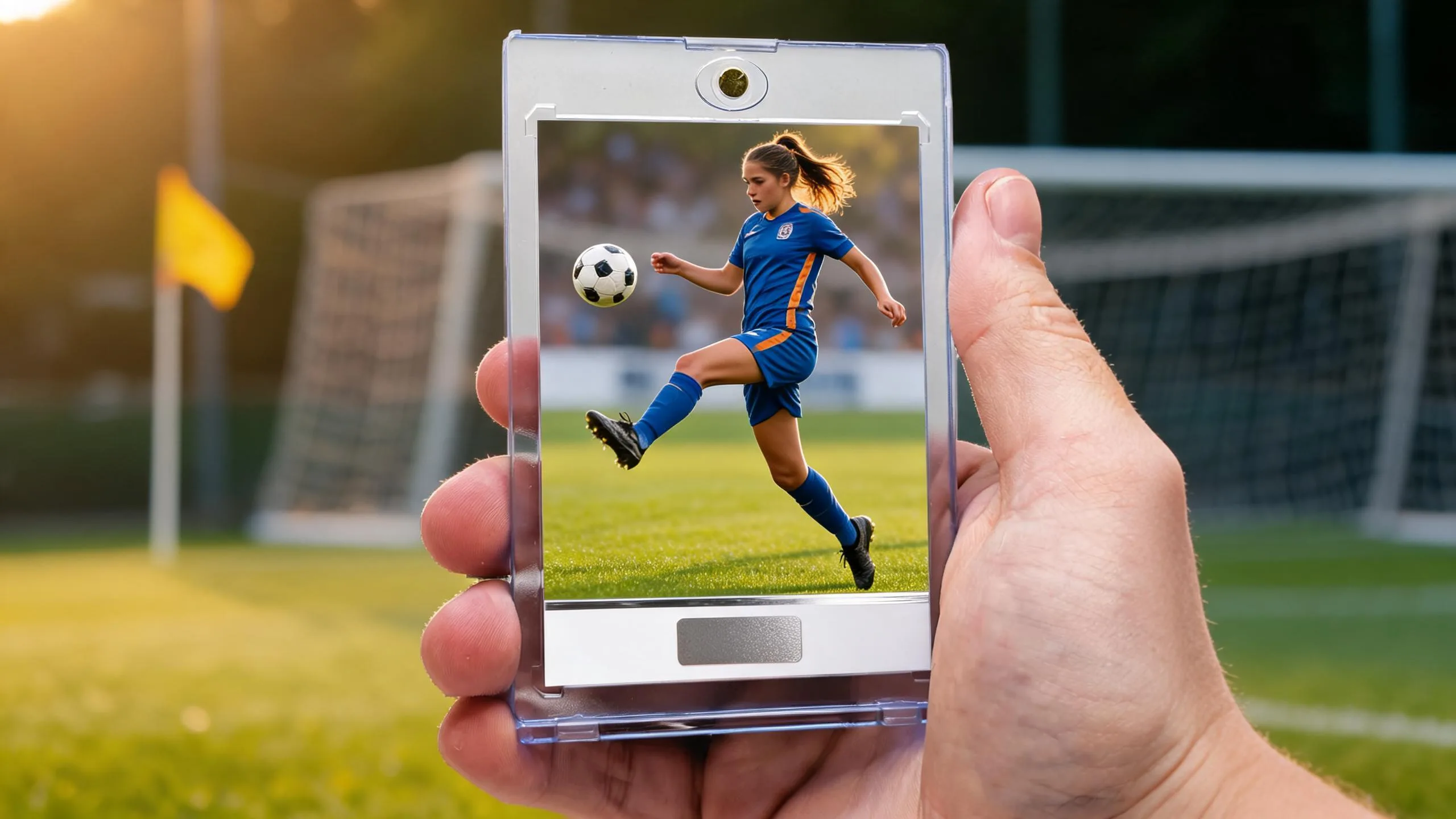 Hand holding magnetic case with custom soccer card — make your own FC 25 card design.