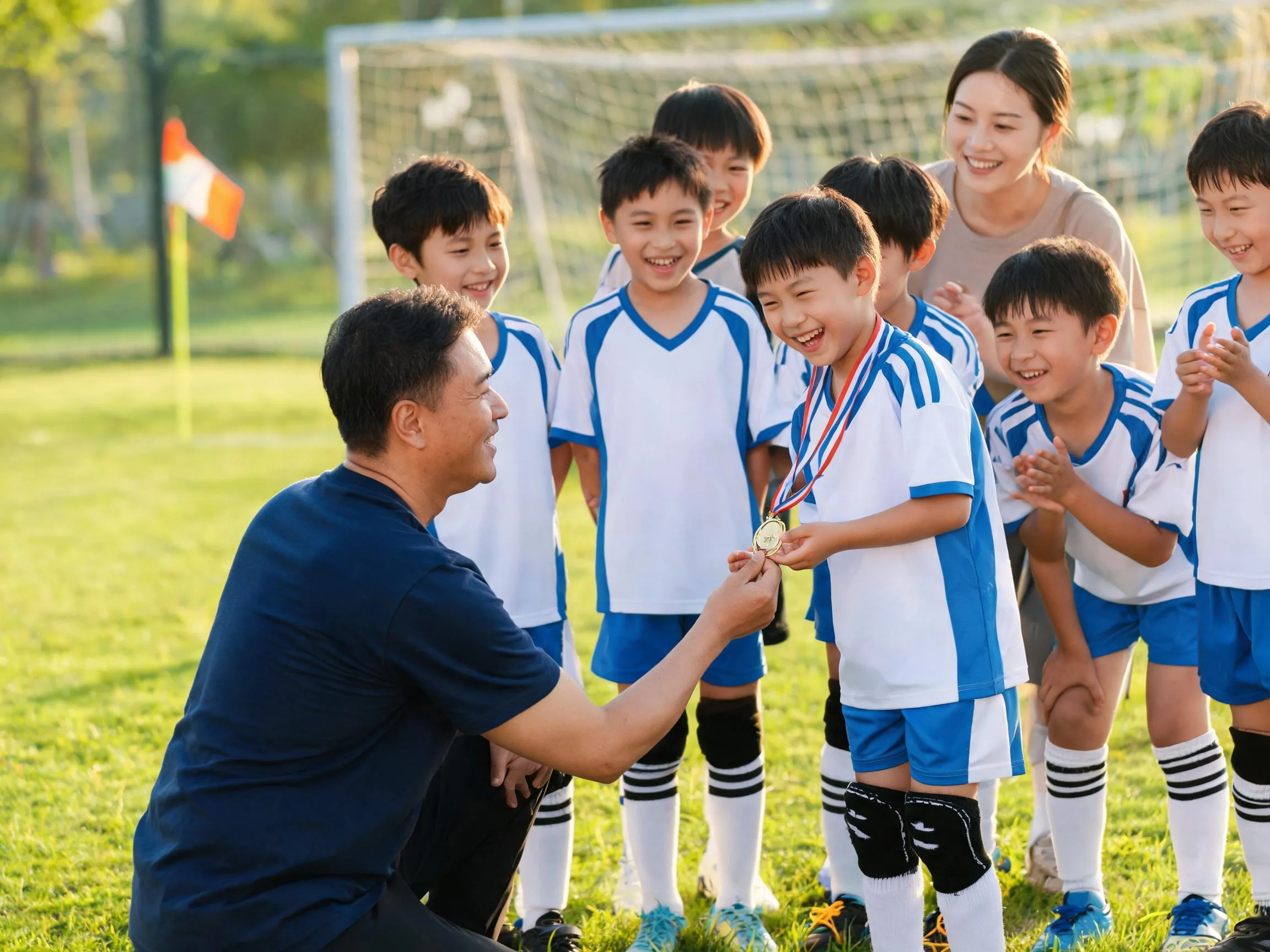 Coach and young soccer player share proud celebration moment on sunny field.