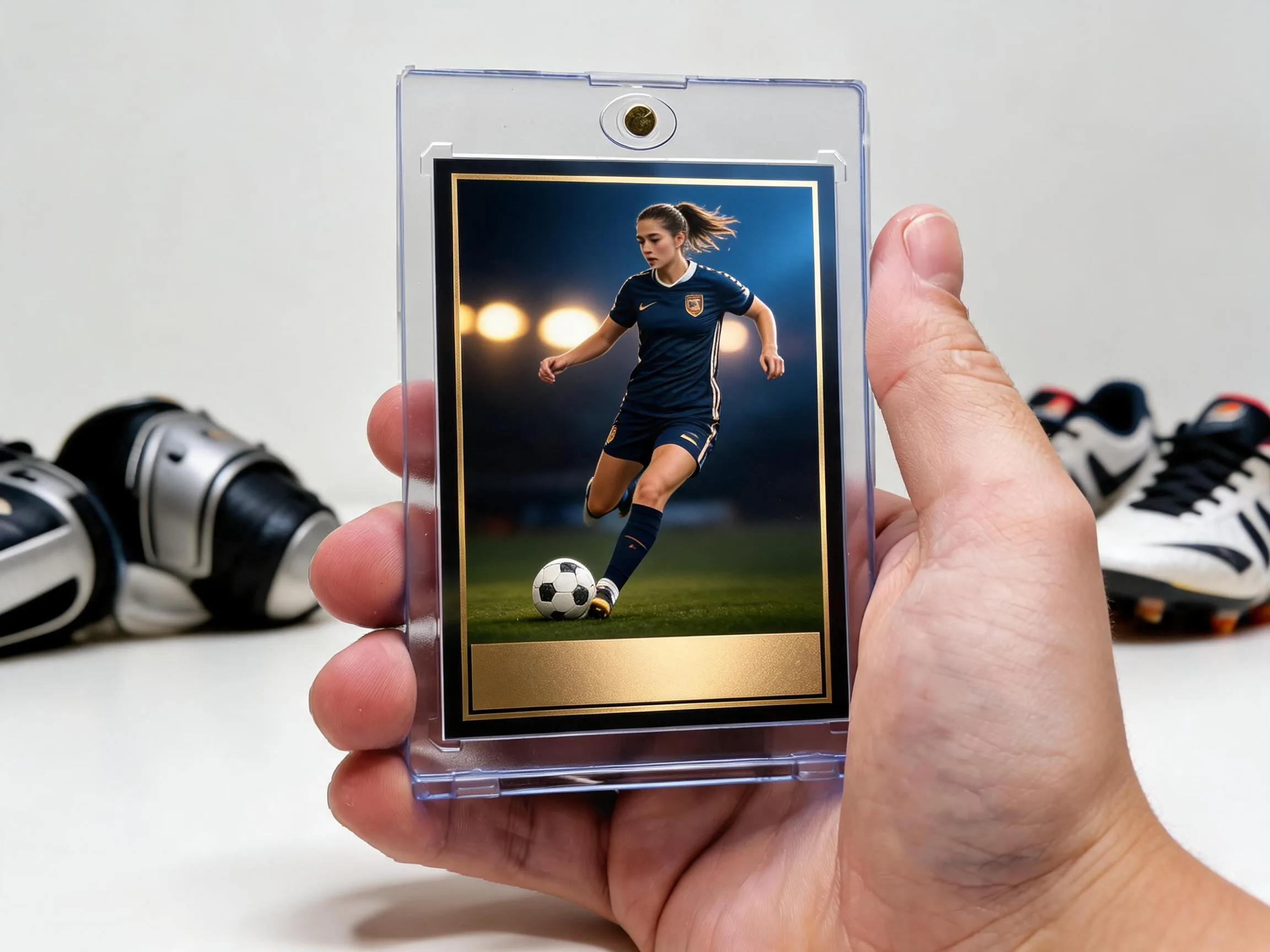 Custom soccer trading card in magnetic case, stadium-night design, close-up product shot.