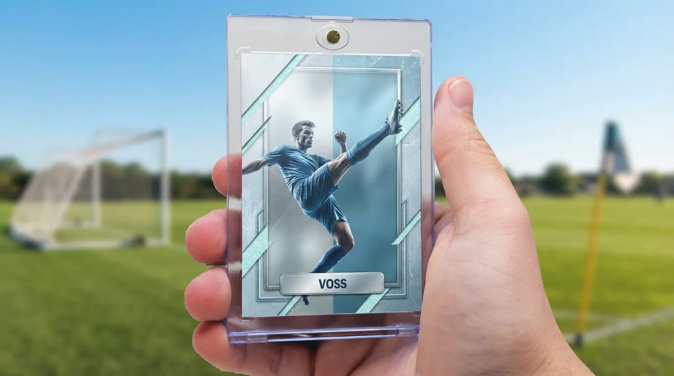 Hand holding magnetic case with custom make your own fc mobile card, icy blue refractor design.