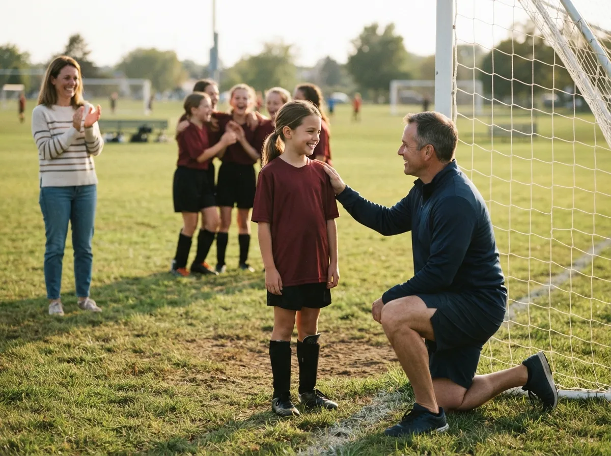 Coach and young soccer player share a proud, joyful moment on the pitch.