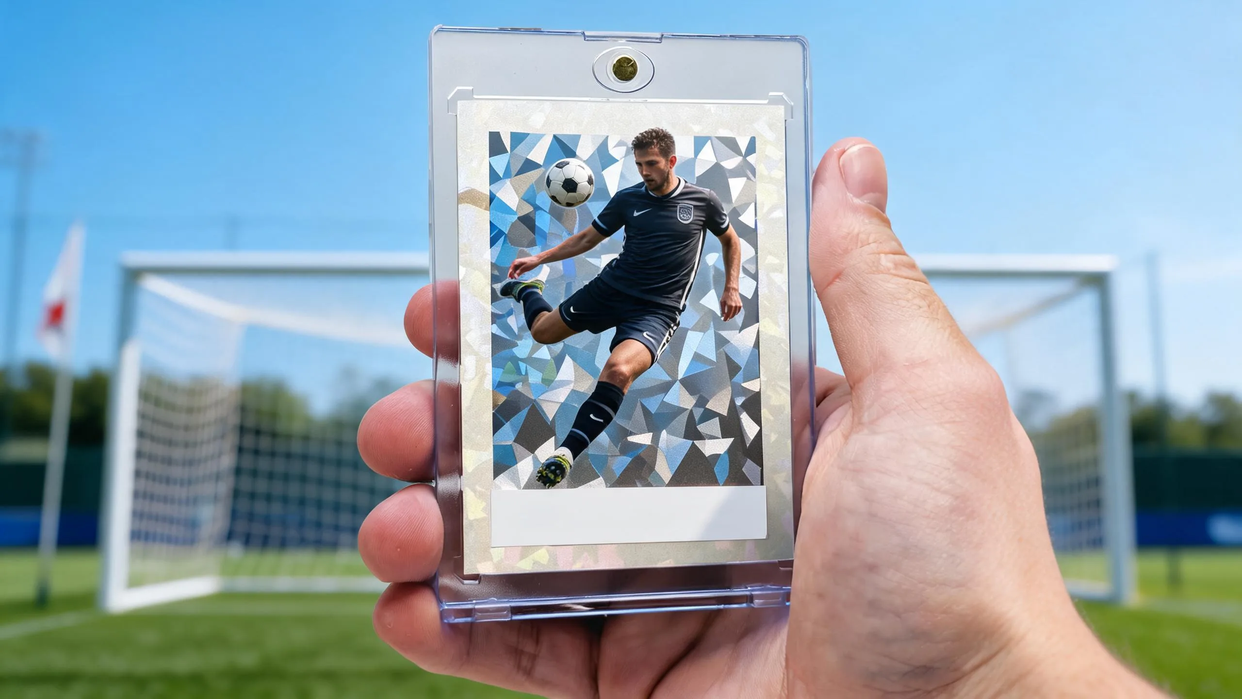 Make your own FIFA card with your face free — hand holding magnetic case with blue chrome soccer card.