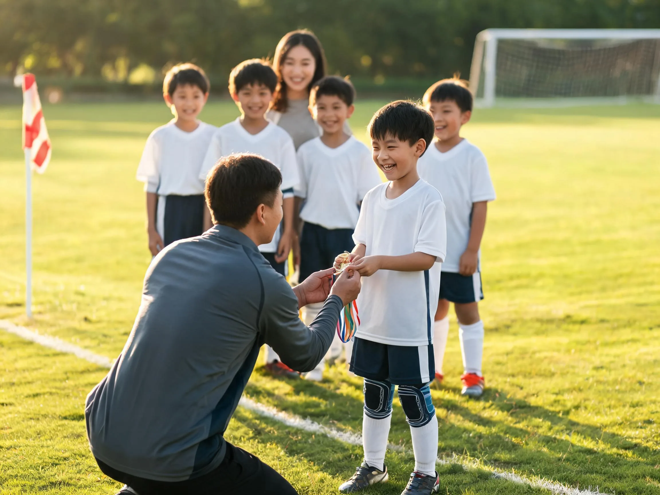 Coach and young soccer player share a proud celebration moment on a sunny grass pitch.