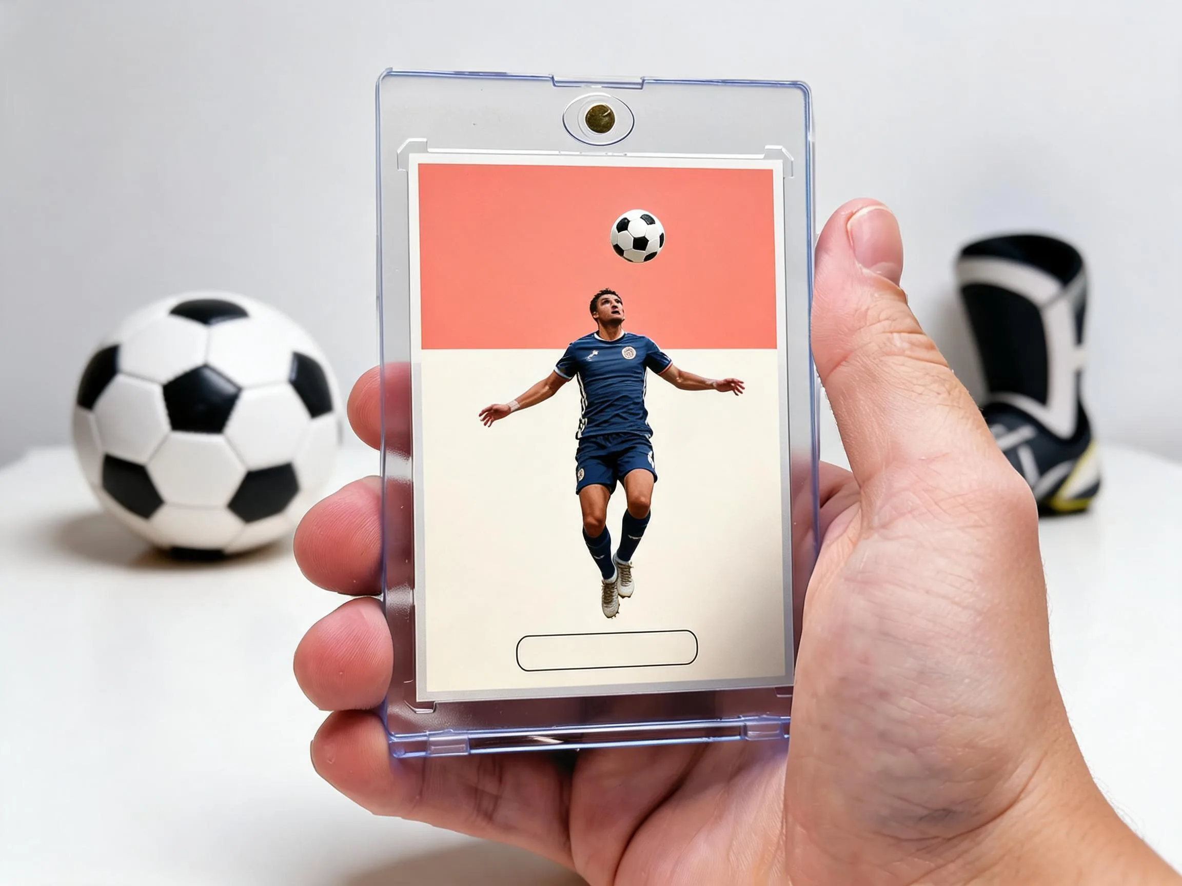 Custom soccer trading card in clear magnetic case, coral and cream design, on white tabletop.
