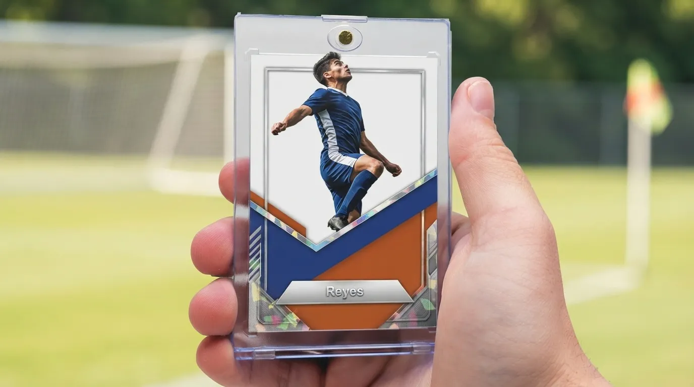 Hand holds magnetic case with a custom make your own fifa card with your face soccer card.