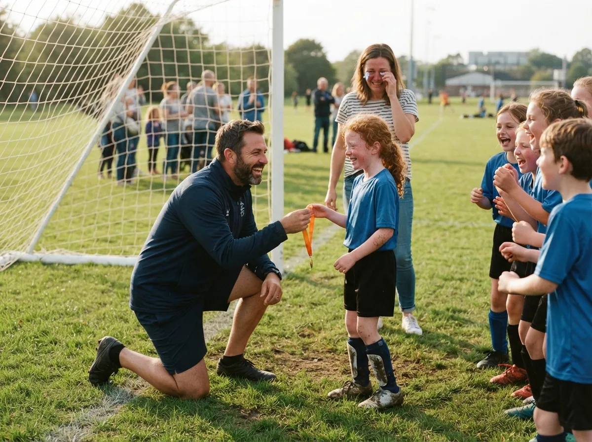 Coach and young soccer player share a joyful moment on the pitch as parent watches proudly.