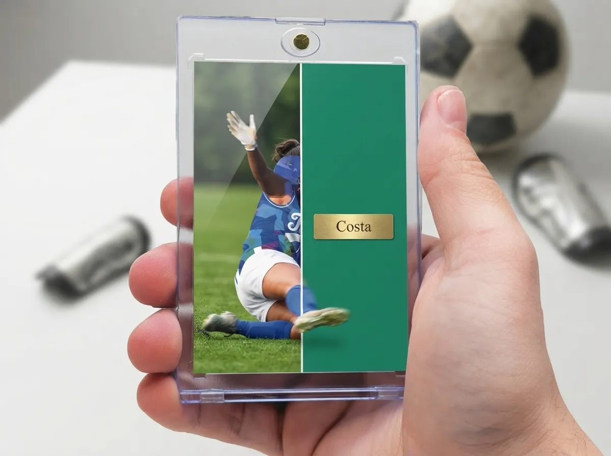 Custom soccer trading card in clear magnetic case, split photo and gold foil nameplate design.