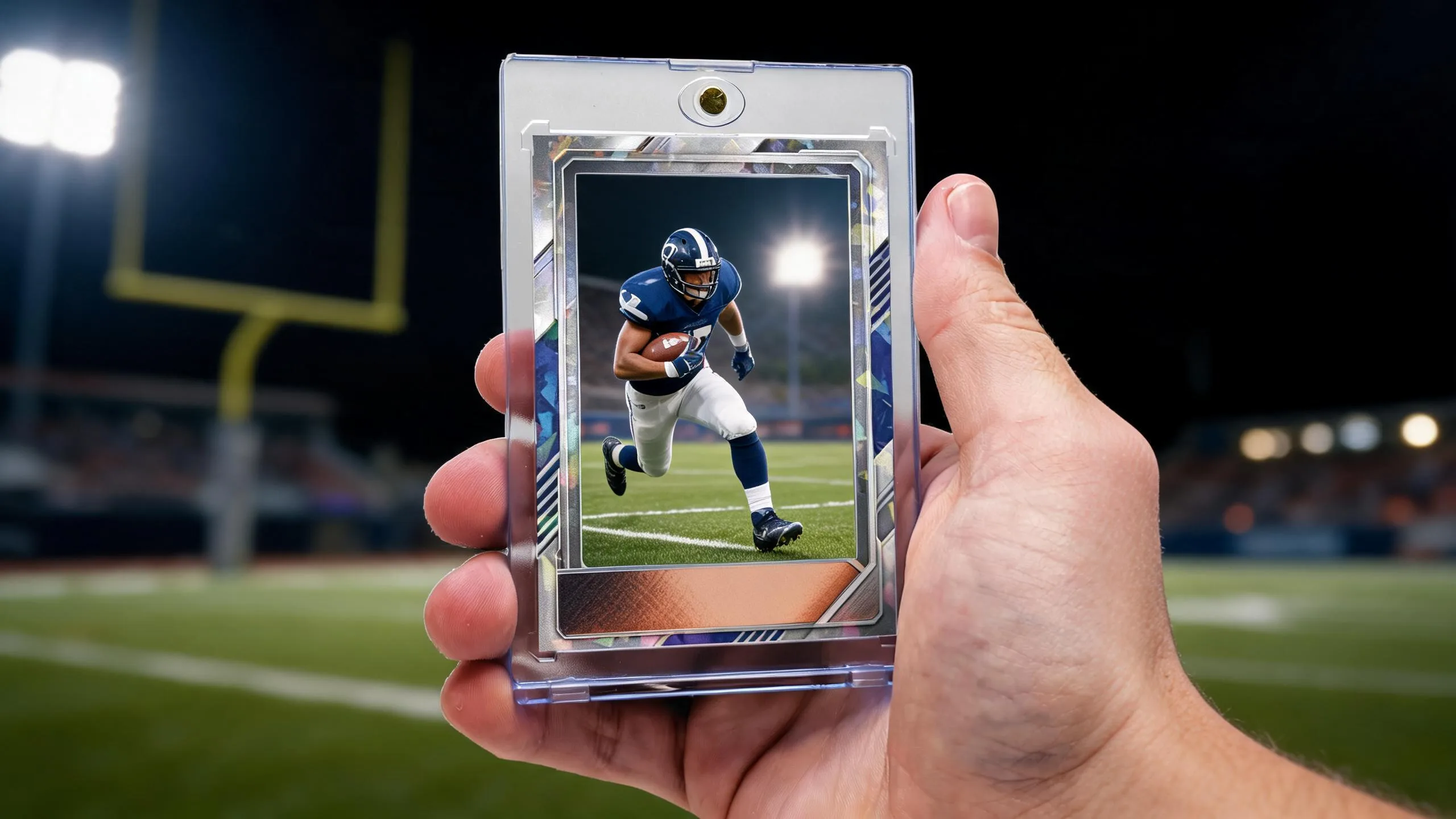 Hand holding magnetic case with custom football card, make your own football card app