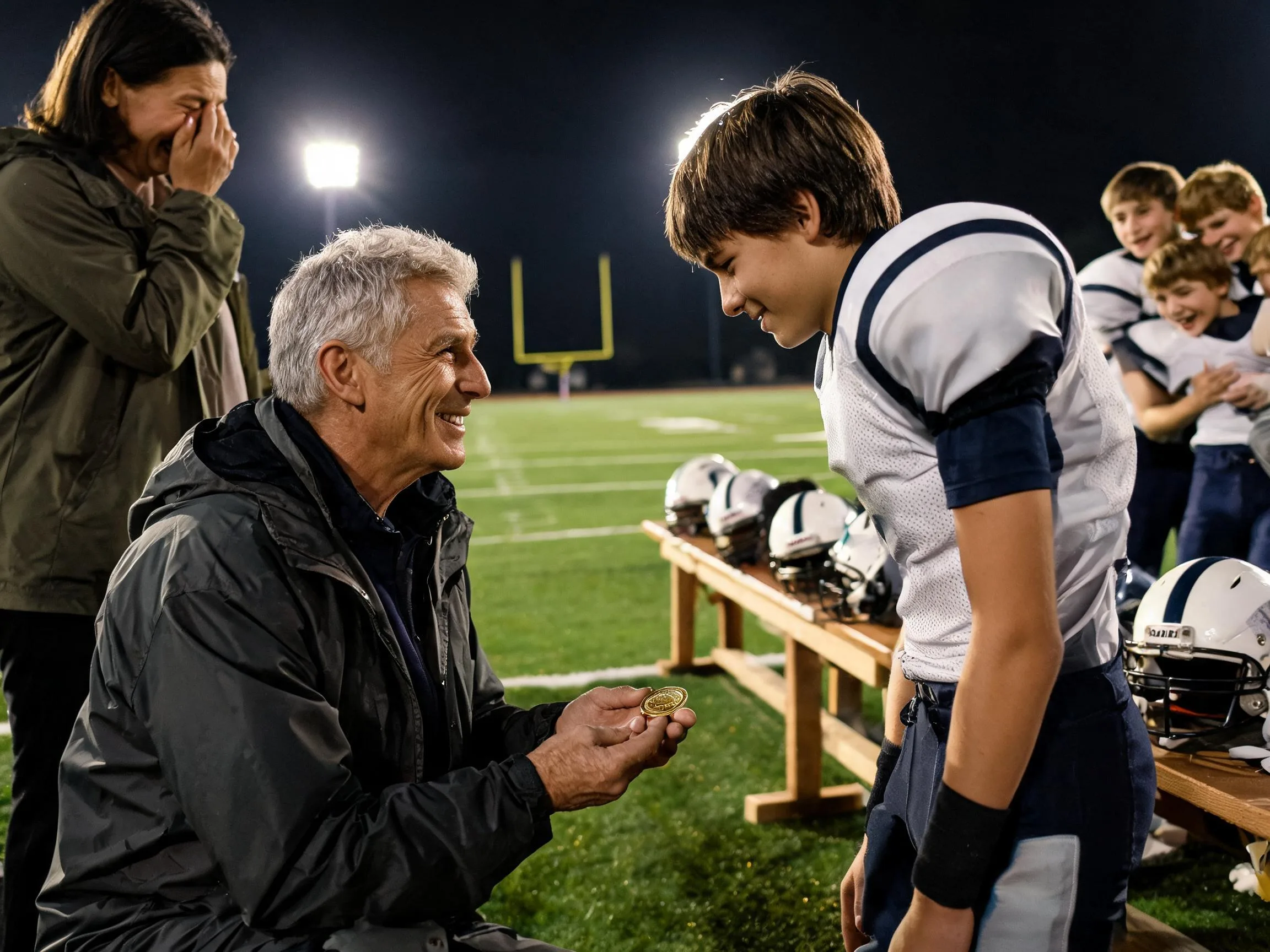 Coach and young football player share proud emotional moment under stadium lights
