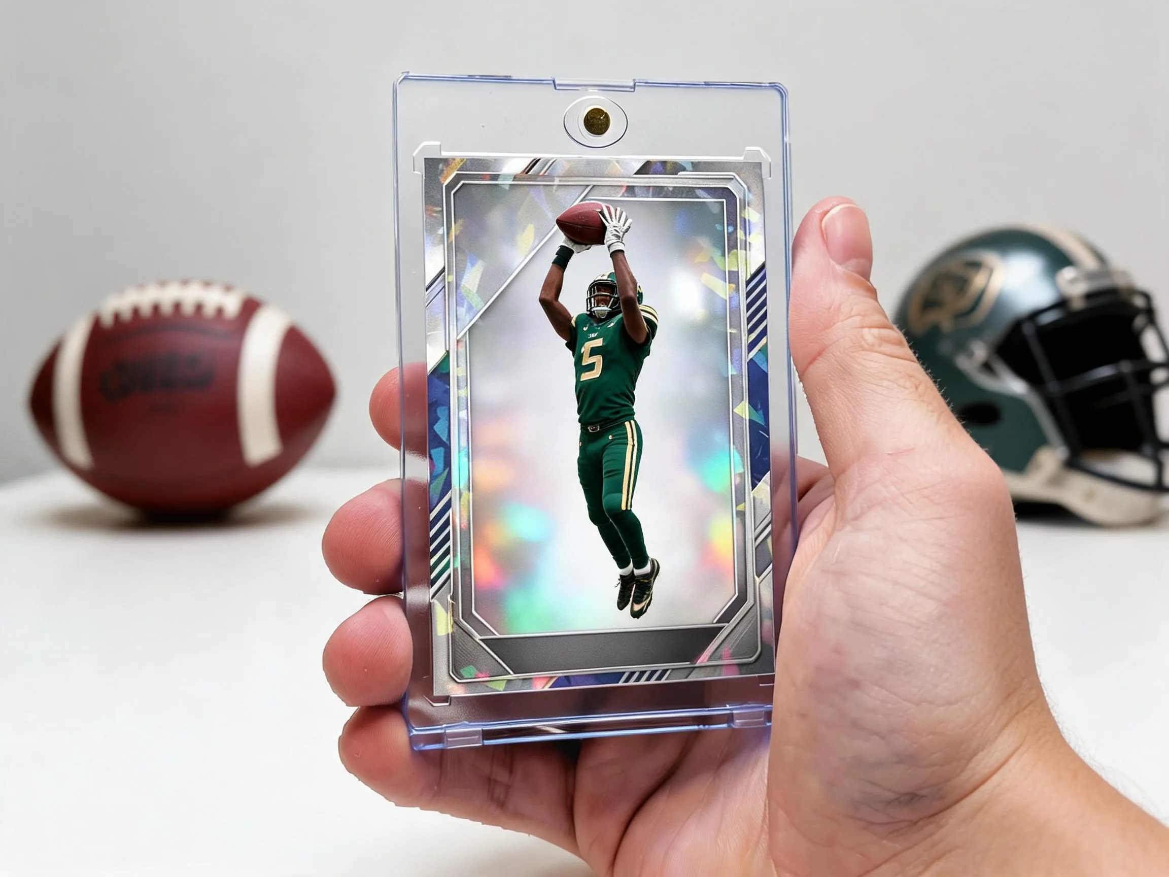 Custom football trading card in clear magnetic case on tabletop display