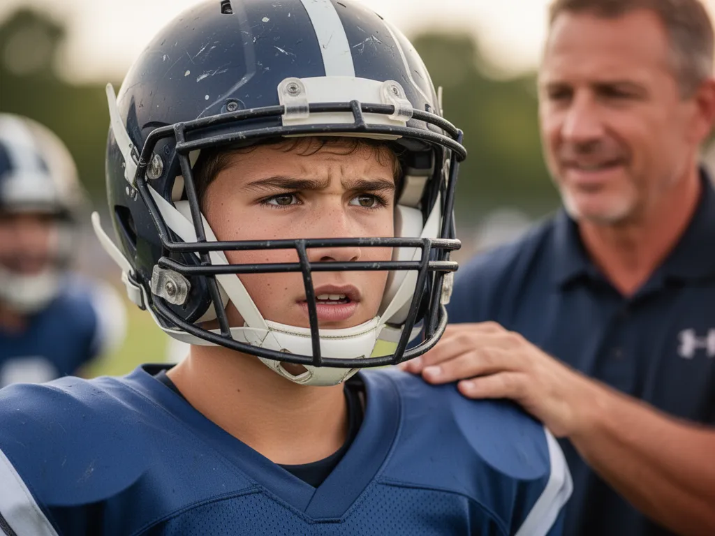 Young athlete wearing football helmet showing focused determination on sidelines
