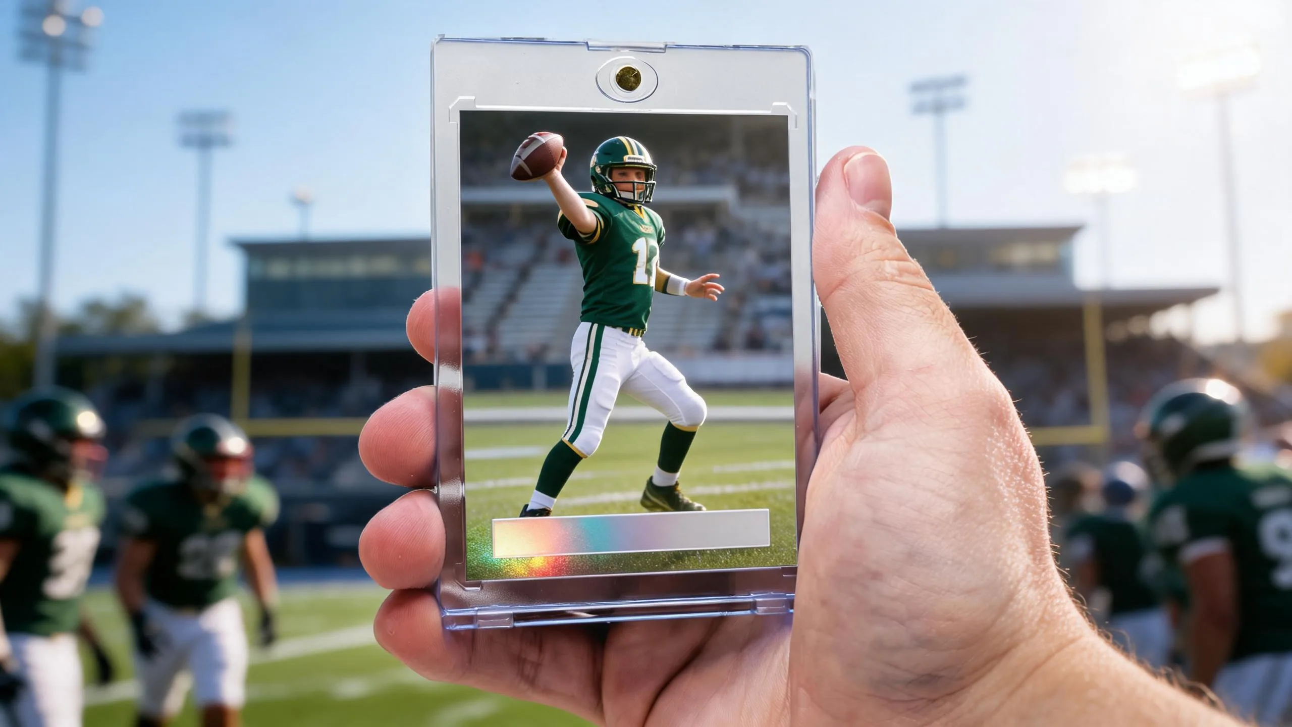 Hand holding magnetic case with make your own football card template, quarterback design, stadium lights behind.