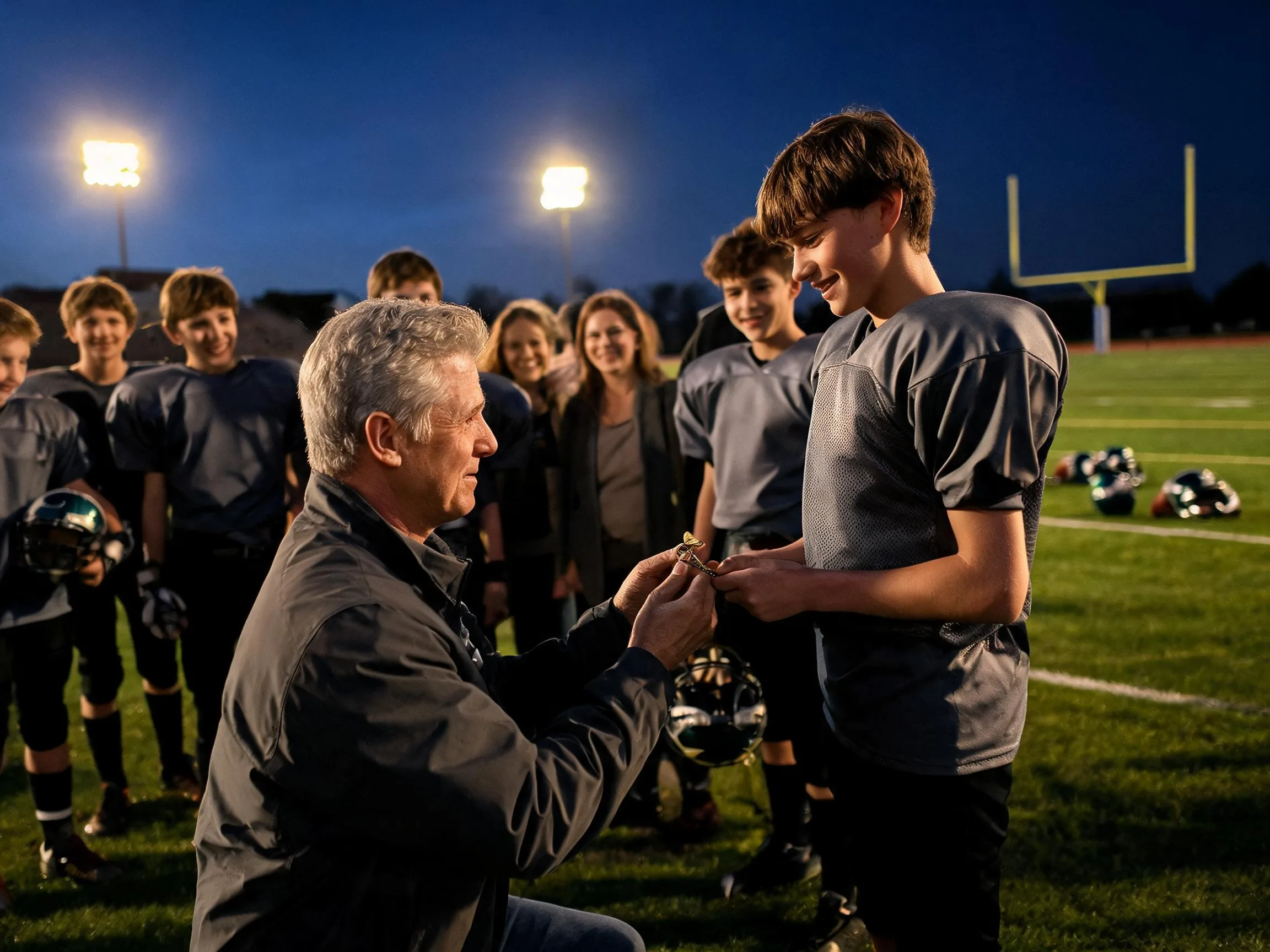 Coach and young football player share proud emotional moment under Friday night stadium lights.